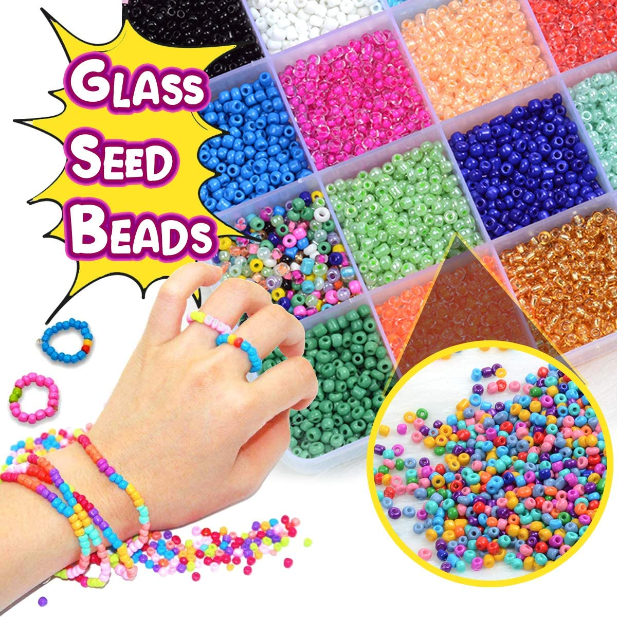 FUNZBO 10000Pcs, 20 Colors 3Mm Glass Seed Beads - Friendship Bracelet Kit, Beads for Bracelet Making Kit & Jewelry Making Kit, Gifts, Crafts for Teens, Kids, Girls, Boys