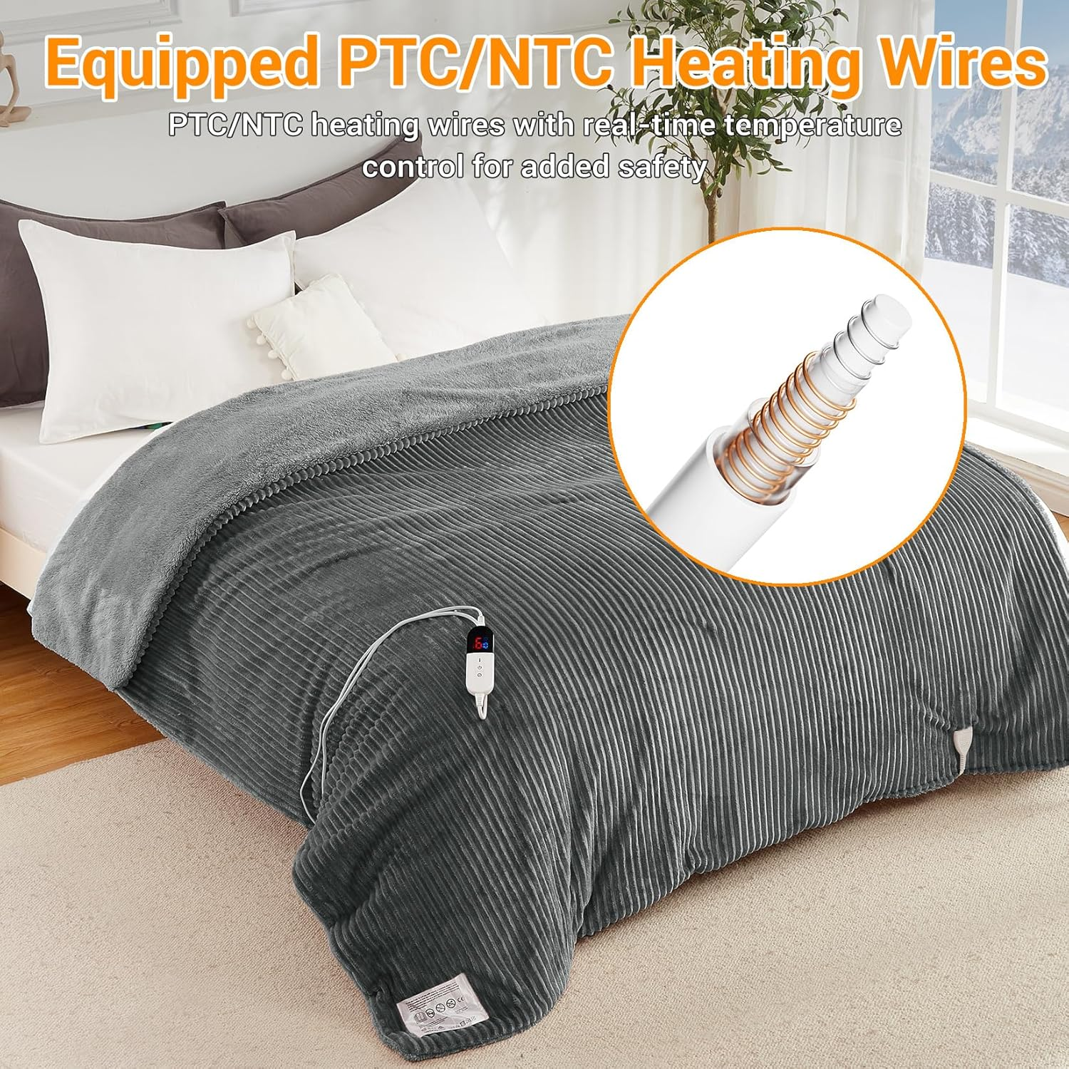 Electric Heated Throw Blanket 160X130Cm, Thick Washable Ribbed Flannel Heating Blanket with 6 Heat Levels, 10 Timer Settings & SAA Certified, Electric Blanket for Bed, Couch & Sofa, Grey image number 4