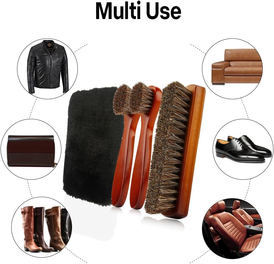 Shoe Brush 4 Pieces Horsehair Shoe Brush Shoe Brush Polish Kit Horse Hair Brush for Leather Cleaner Brush with Shoe Shine Cloth Leather Shoes Boot Cleaning Brush Care Clean Dauber Applicators image number 6