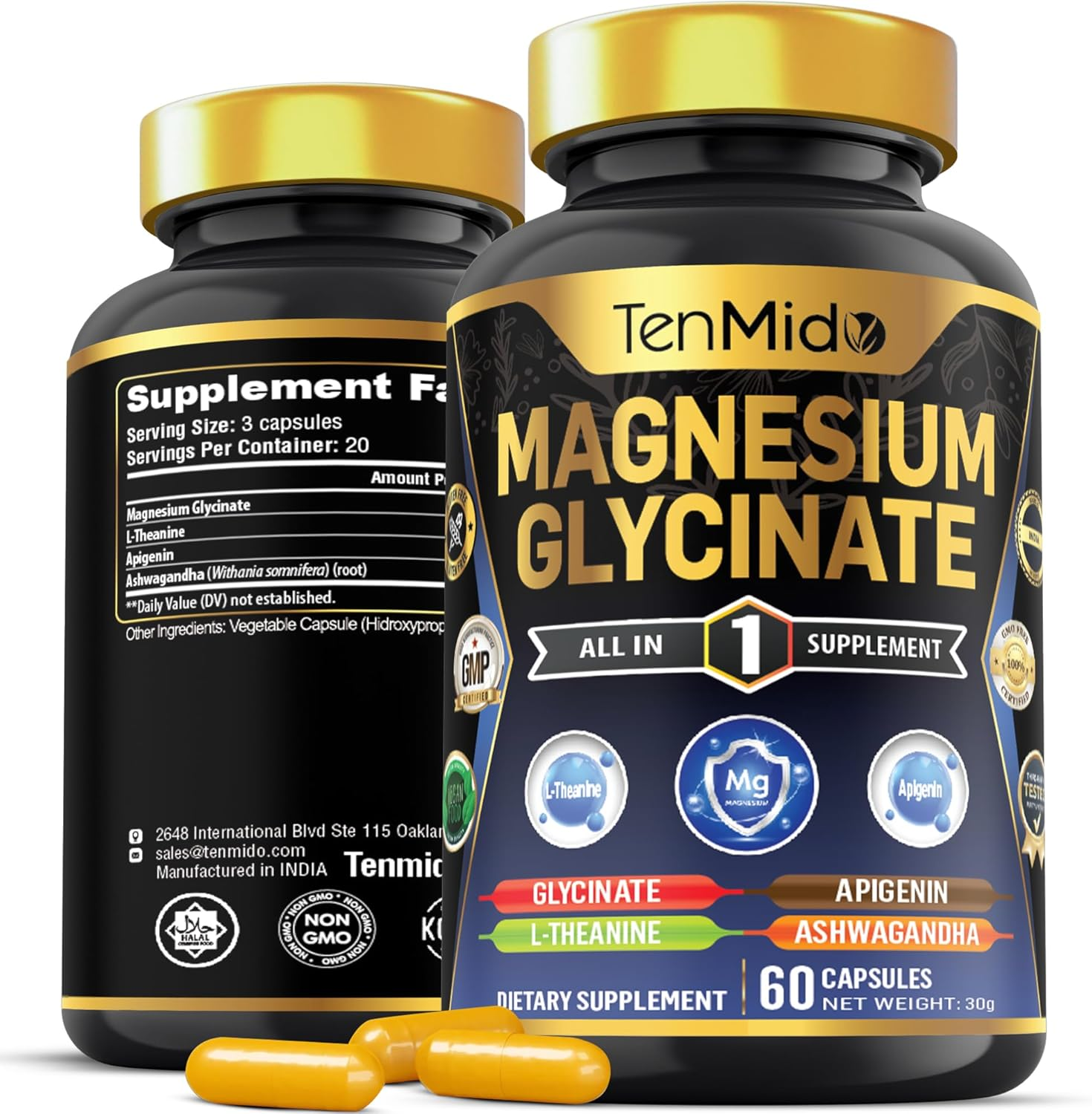 Tenmido Magnesium Glycinate Supplements - 4In1 with L-Theanine, Ashwagandha, and Apigenin - 60 Vegan & Non-Gmo Capsules image number 6