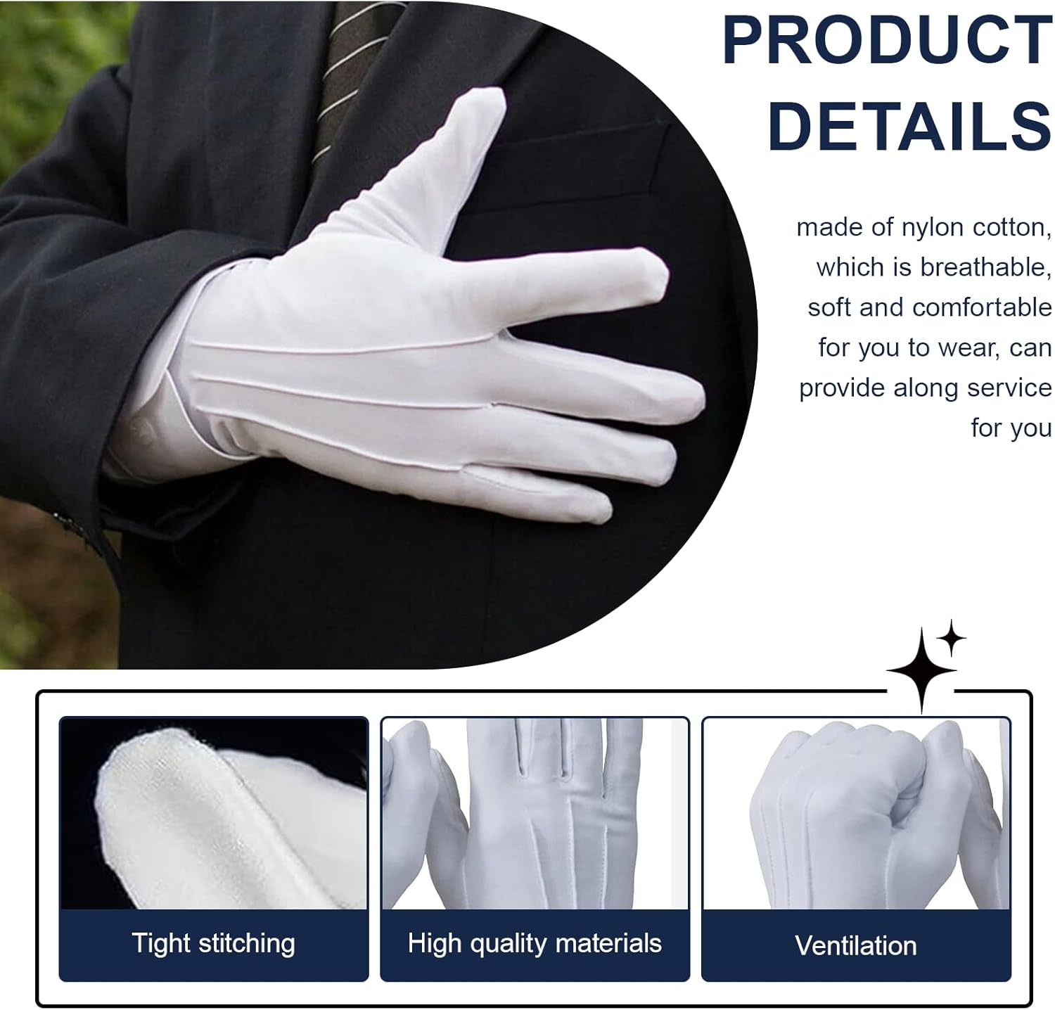 2 Pairs White Gloves for Handling Wedding Dress, Fancy Dress and Jewelry, Stitched Nylon Gloves, White, One Size image number 3