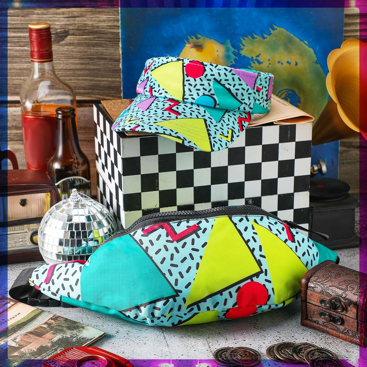 Mepase 2 Pcs 80S Outfit for Men Women 90S Fanny Pack Sun Visor Hat Waist Bag 90S Accessories for Men Women Summer Party, Multicoloured, One Size, Fresh image number 6