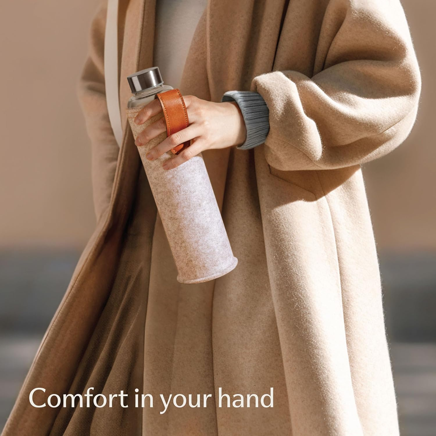 Cosumy Glass Water Bottle with Felt Bag, 750 Ml, Dishwasher Safe, Leak-Proof, Bpa-Free, Suitable for Carbonated Drinks, Beige - Beige image number 5