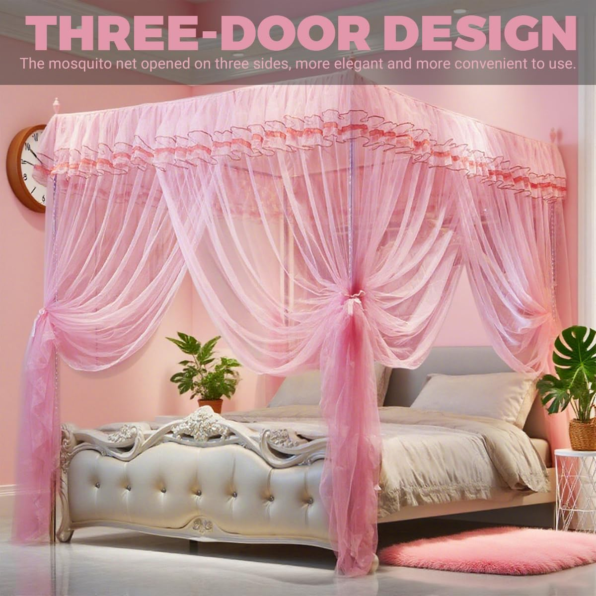 4 Corners Post Ruffle Princess Bed Canopy, Romantic Bed Drape Netting for Twin/Full/Queen/King Beds Mosquito Net Mesh for Girls Kids Adults Bedroom Dormitory Bed Curtains Canopy Bedding Decor image number 6