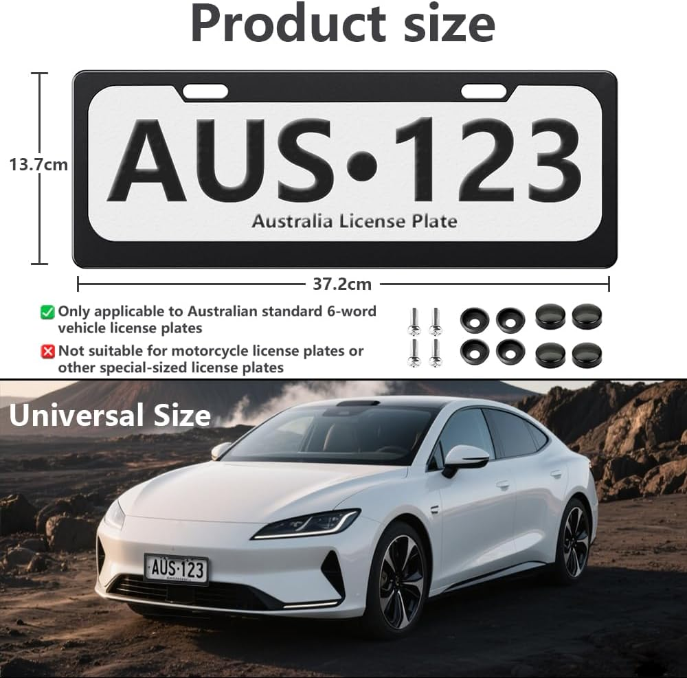2 Pack Matte Aluminum Alloy Australian Standard 6 Figure Number License Plate Frames,Unbreakable Car License Plate Cover Protector with Screws & Screws Caps Fits Any AU 6 Figure Number Plates (Black)