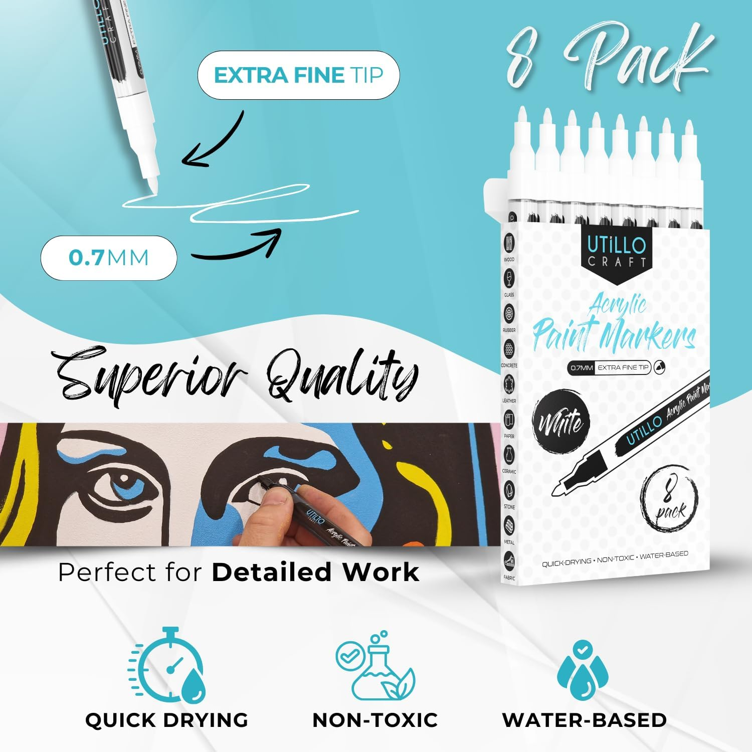 White Paint Pen (8-Pack) Extra Fine Tip Made in Japan | Bold Color+100% Coverage | for Rock, Wood, Glass, Paper, Plastic, Metal, Canvas, Etc. | 0.7Mm White Paint Markers | White Acrylic Paint Pens image number 1