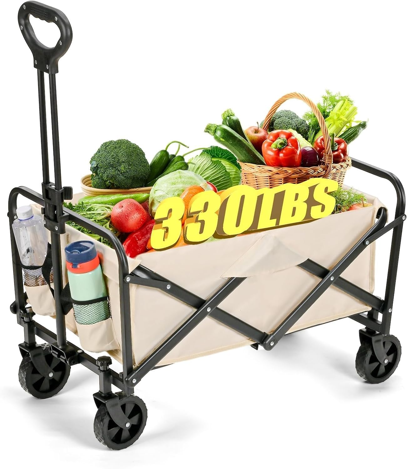 Collapsible Wagon Cart, Ultra-Large Wagons Carts Foldable, Heavy Duty Folding Wagon with Wheels, Utility All Terrain Wagon for Groceries, Garden, Sports, Beach, Shopping,(Beige) 330Lbs
