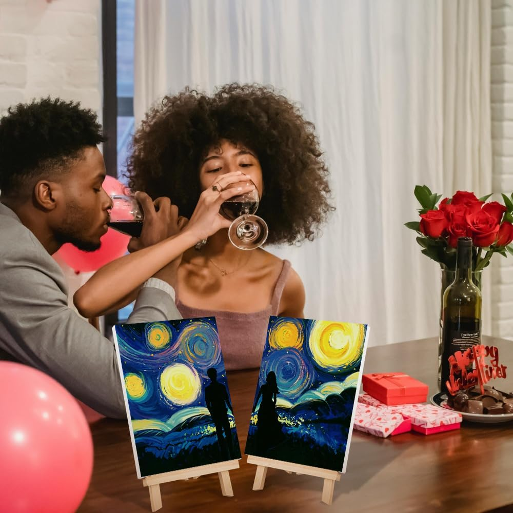 VOCHIC Couples Paint Party Kits Pre Drawn Canvas for Adults for Paint and Sip Date Night Games for Couples Painting Kit 8X10 Starry Sky Couple (2 Pack) Valentine image number 1