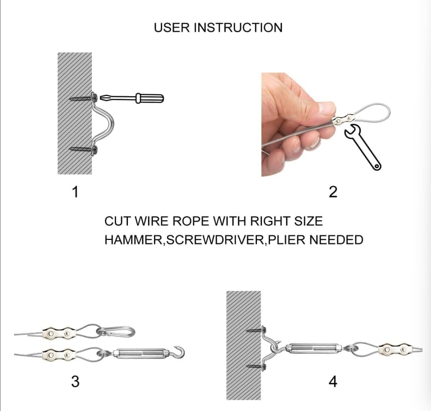 50 Meters Stainless String Lights Hanging Suspension Cable Kit,Yenghome Outdoor Light Guide Wire Rope,Vinyl PVC Coated 304 Stainless Steel Wire Cable with Turnbuckles,Screws and Hooks image number 2