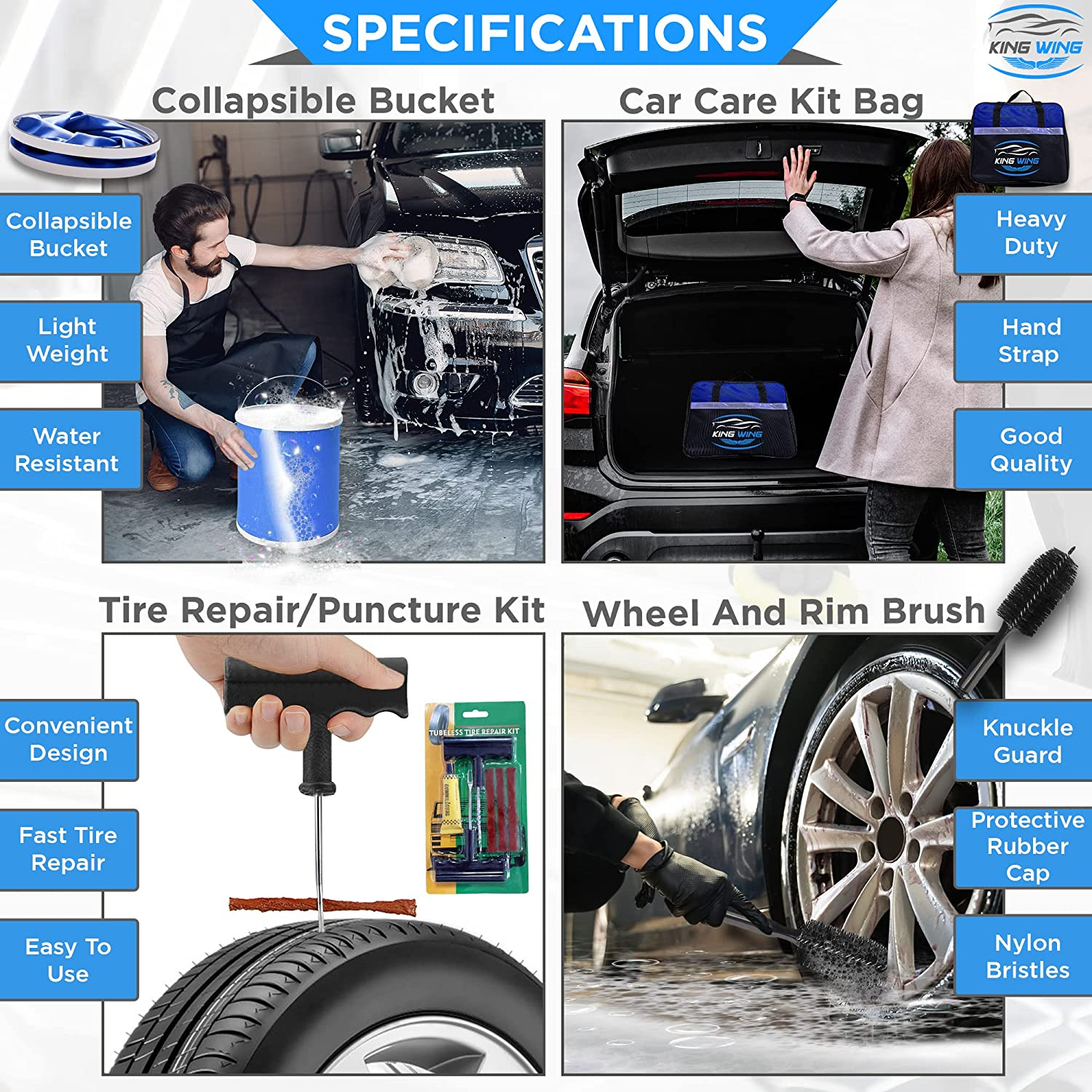 King Wing Car Wash Kit-30Pcs, Interior and Exterior Car Cleaning Tools Kit Includes Multi Size Microfiber Towels, Scrapper, Sponge, Mitt, Duster, Brushes, Wax Pads, Collapsible Bucket, Tire Repair Kit image number 1