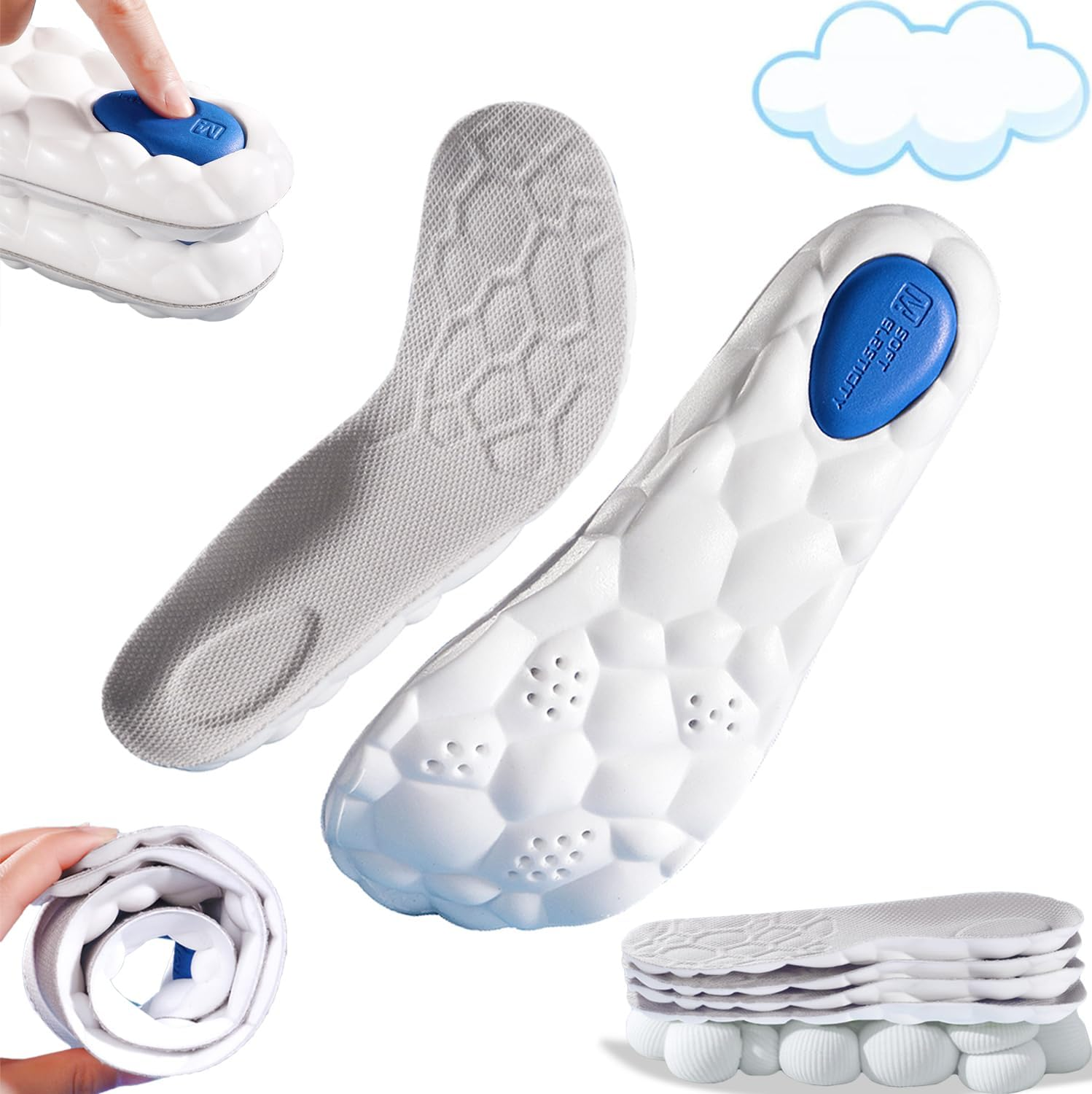 Sport Insoles Ultra-Soft Latex Insoles for Men & Women - High Elasticity, Shock Absorption, Sweat-Absorbing, Thickened Comfort for Running Training Hiking Orthotic Comfort Insoles for Sneakers L(EU 43-44) image number 5