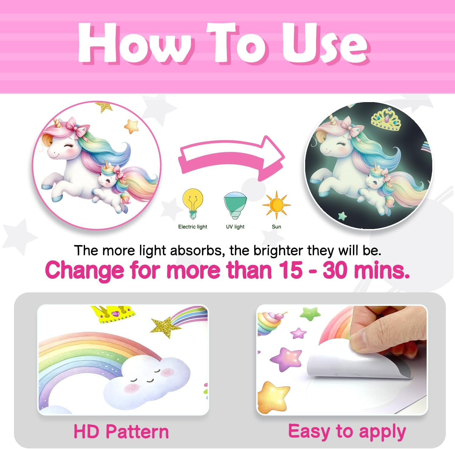 DECOWALL GDS4-8089 Glow in the Dark Unicorn Wall Stickers Decals Kids Stars Glowing Castle Moon Rainbow image number 1