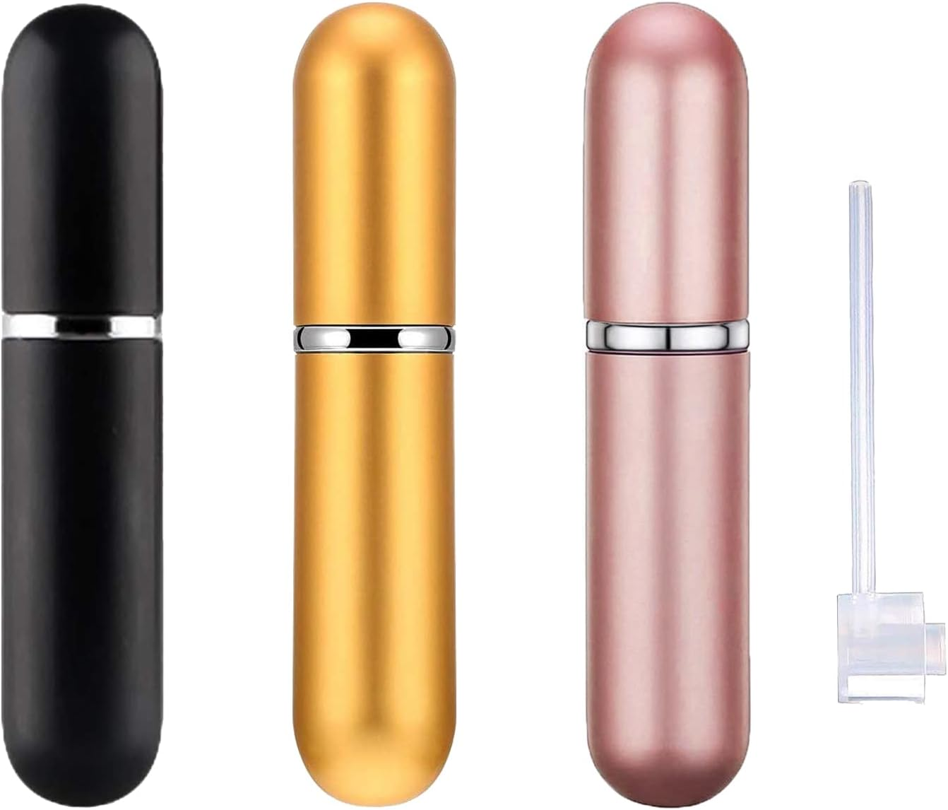 Perfume Travel Refillable,5Ml Perfume Atomisers,3 Pcs Mini Portable Spray Bottles,Round Tube Perfume Bottles Set with 1 Flat Separated Tool,For Home Business Trip Travel(Black+Blue+Champagne)(4Pcs)