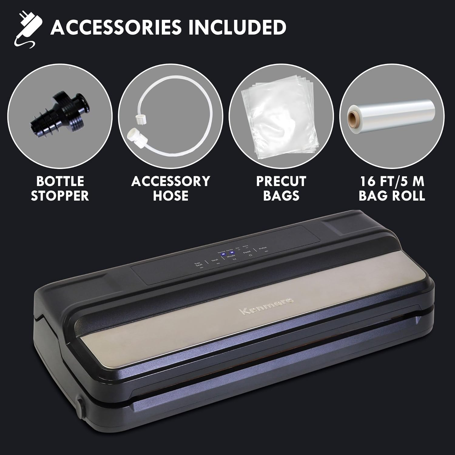 Kenmore Vacuum Sealer Machine, One-Touch Automatic Food Sealer for Dry/Wet Food, Sous Vide Compatible, 7 Preset Modes, with 10 Bags, (Stainless Steel) image number 5