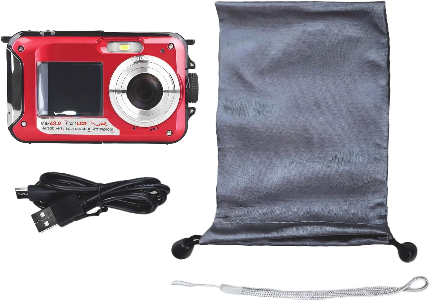 Underwater Digital Camera, 2.7K 48MP Dual-Screen Selfie Waterproof Camera 16X Digital Zoom Compact Camera for Snorkeling (Red)
