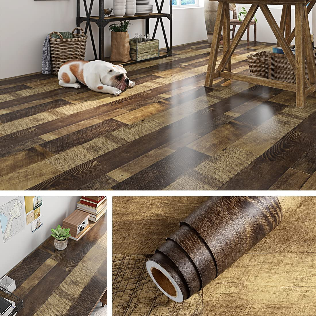 Livelynine Reclaimed Wood Vinyl Flooring Roll Waterproof Vinyl Plank Flooring Peel and Stick Wood Planks for Walls Kitchen Bathroom Floor Desk Countertop Covers Accent Wall Stick on Shiplap 15.8X78.8 image number 3