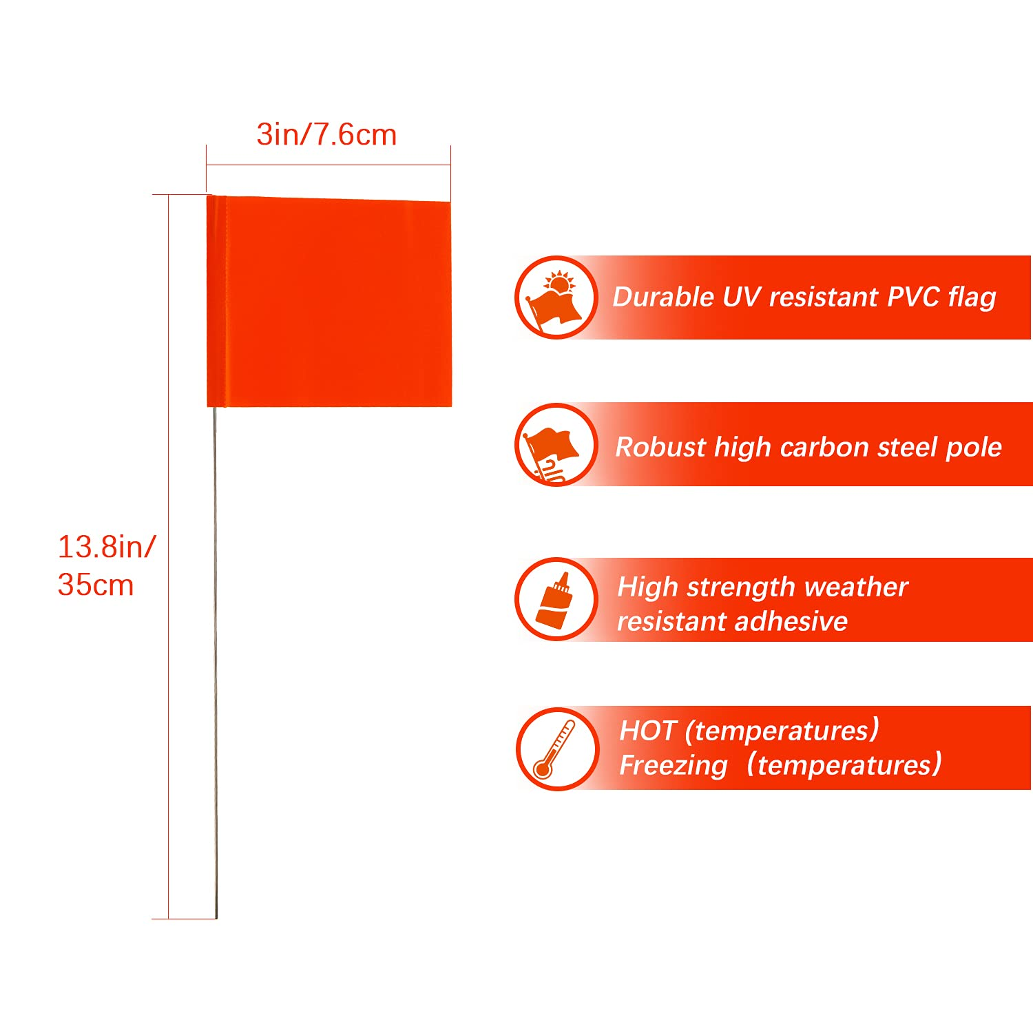 AIEX 42Pcs 2"X3" Marking Flags with 13.8" Steel Pole Vinyl Stake Flag for Yard Industrial, Underground Utilities, Sprinkler, Utility Marker, Sewers, Lawn, Landscaping, Surveying, Pet Boundary(Orange) image number 1