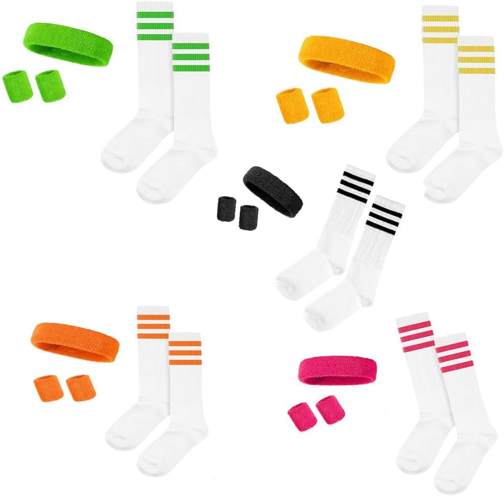 5 Pack 80S Striped Sweatbands Set &ndash; Cotton Headband, Wristband, Colorful Athletic Socks for Women, Sports Workout Accessories, Mardi Gras image number 4