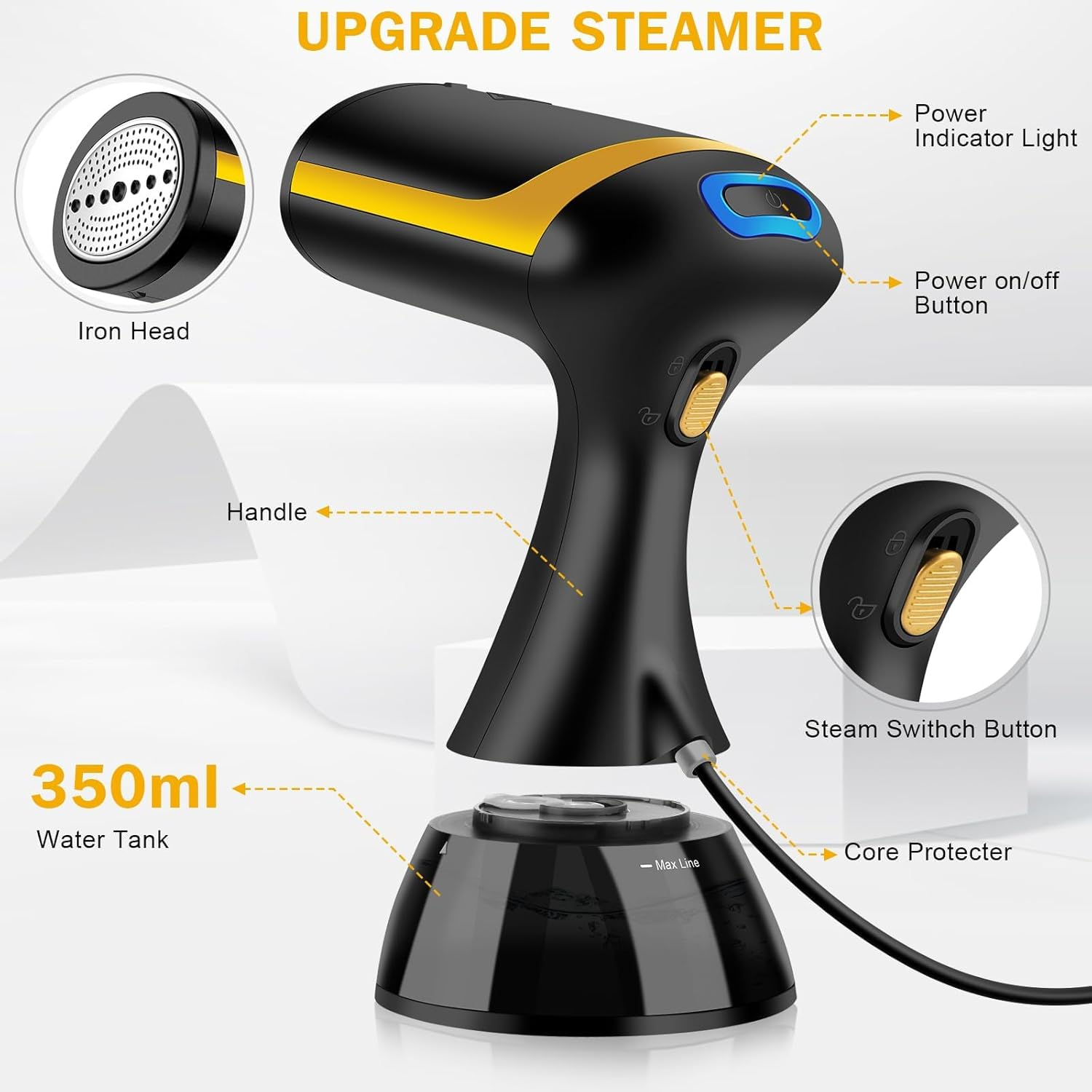 AOIMIKE 1500W Black Handheld Garment Steamer, 350Ml Detachable Water Tank, 20S Fast Heat-Up, Auto-Off, Home Use image number 3