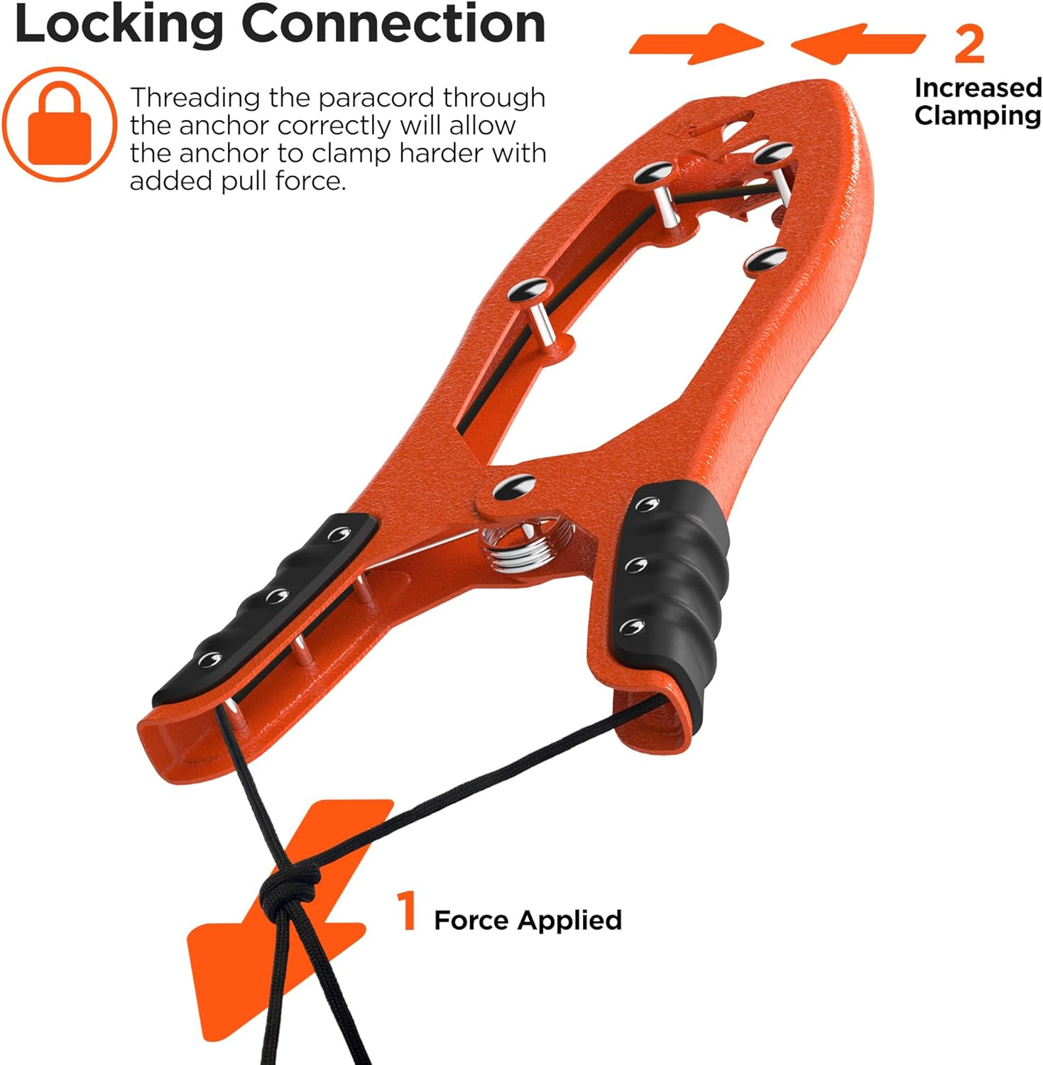 RANGLAND Original&reg; BAX-JAW Kayak Anchor Clamp Grip - Wide 5.25" Self Locking Tension Jaw with Floating Pouch and 15' Paracord 550 Rope, Kayaking Accessories (Corrosion-Proof Steel) image number 3