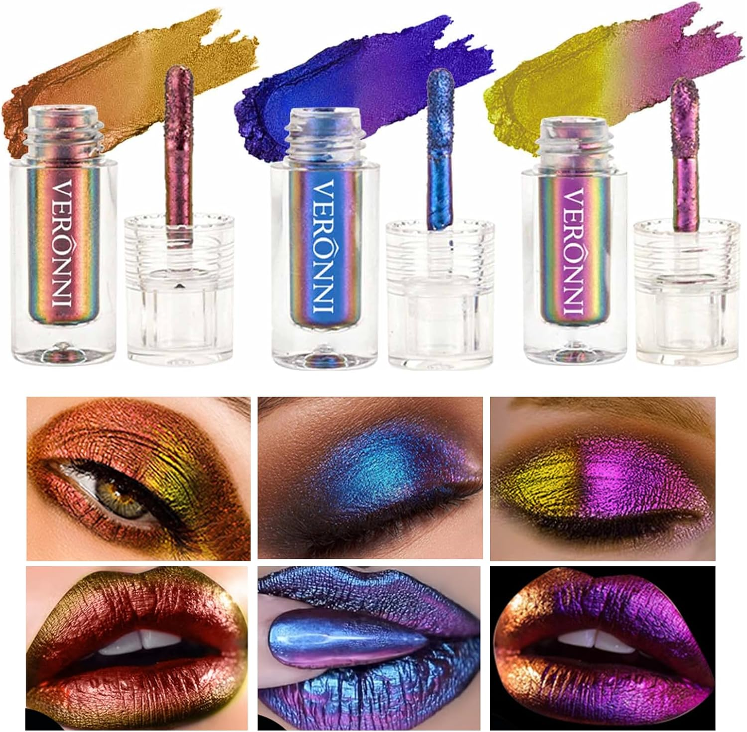VERONNI Chameleon Eyeshadow,3Colors Liquid Metallic Eyeshadows Color Shifting, Holographic Glitter Multichrome Eye Shadow High Pigmented, Long Lasting and Smudge Proof (#02+04+06)