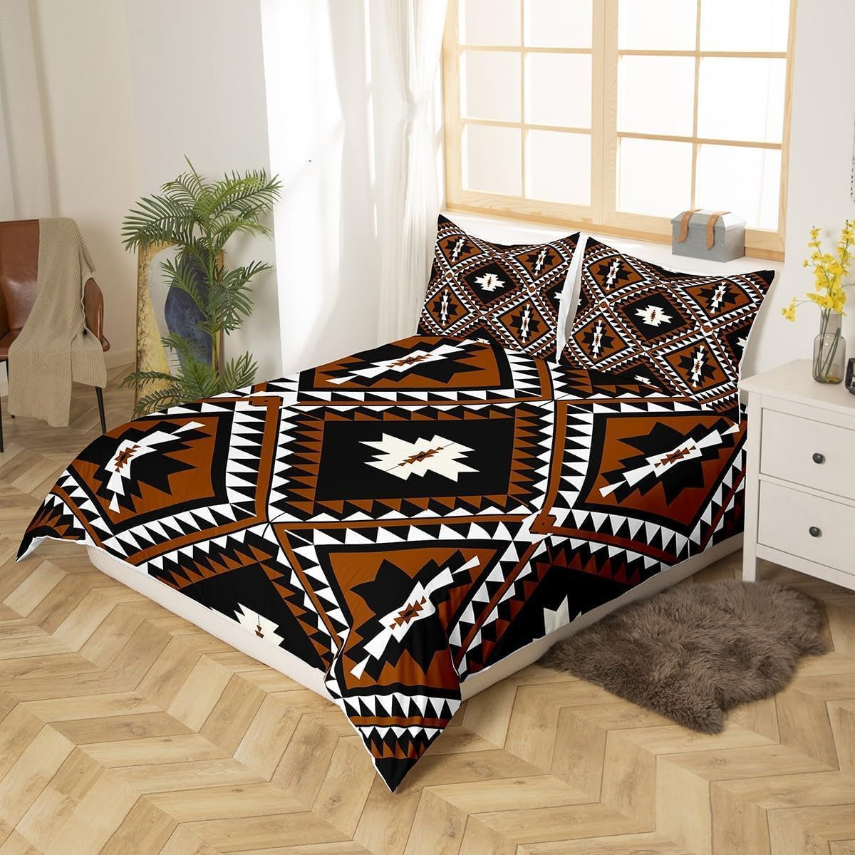 Homewish Aztec King Size Duvet Cover Set for Adults Women Men - Southwestern Bohemian Bedding Set with 2 Pillowcases - Boho Geometric Pattern Quilt Cover Black Reversible - Western Bed Sets image number 1