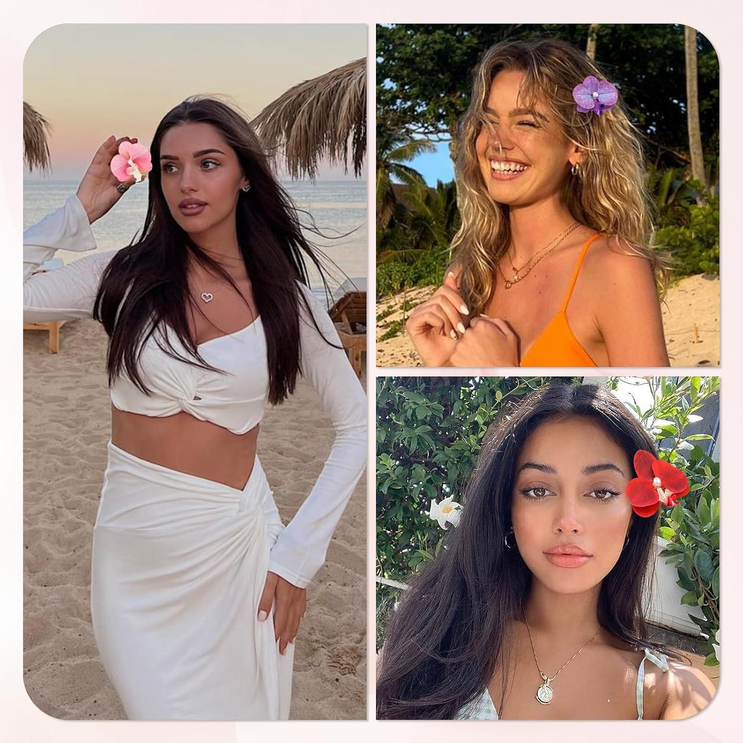 Ziyonix Pack of 3 Hair Clips with Hawaiian Flowers, Artificial Flower Clips, Bohemian Butterfly Orchid, Hair Clip for Holidays by the Sea, Women and Girls image number 3