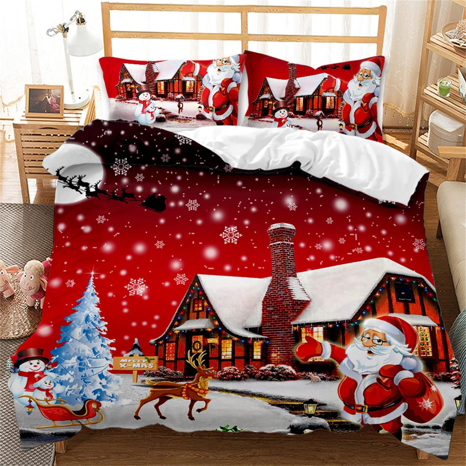 Eveone Christmas Duvet Cover Quilt Cover Single/Double/Queen/King Size Bed Sheets Pillowcase Set Festival Atmosphere New Year Eve Santa Claus Elk Cartoon Gift Bedding 3/4PCS (Queen-210*210Cm-3Pcs,3)