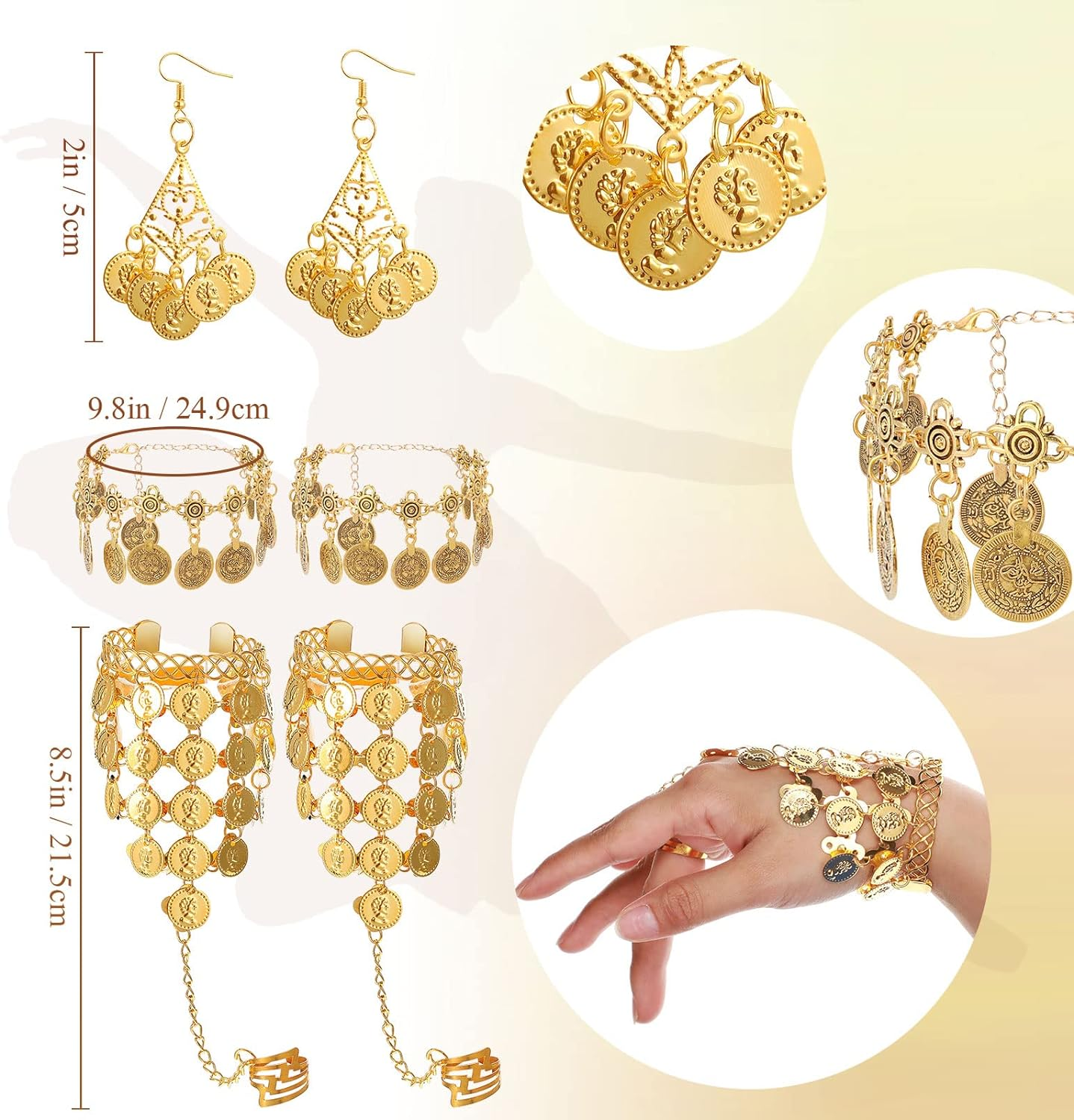 Haysandy 8 Pcs Belly Dance Outfit Sets Women,Belly Dance Skirt, Hip Scarf, 2 Bracelets, Earrings, Anklet Bracelet image number 4