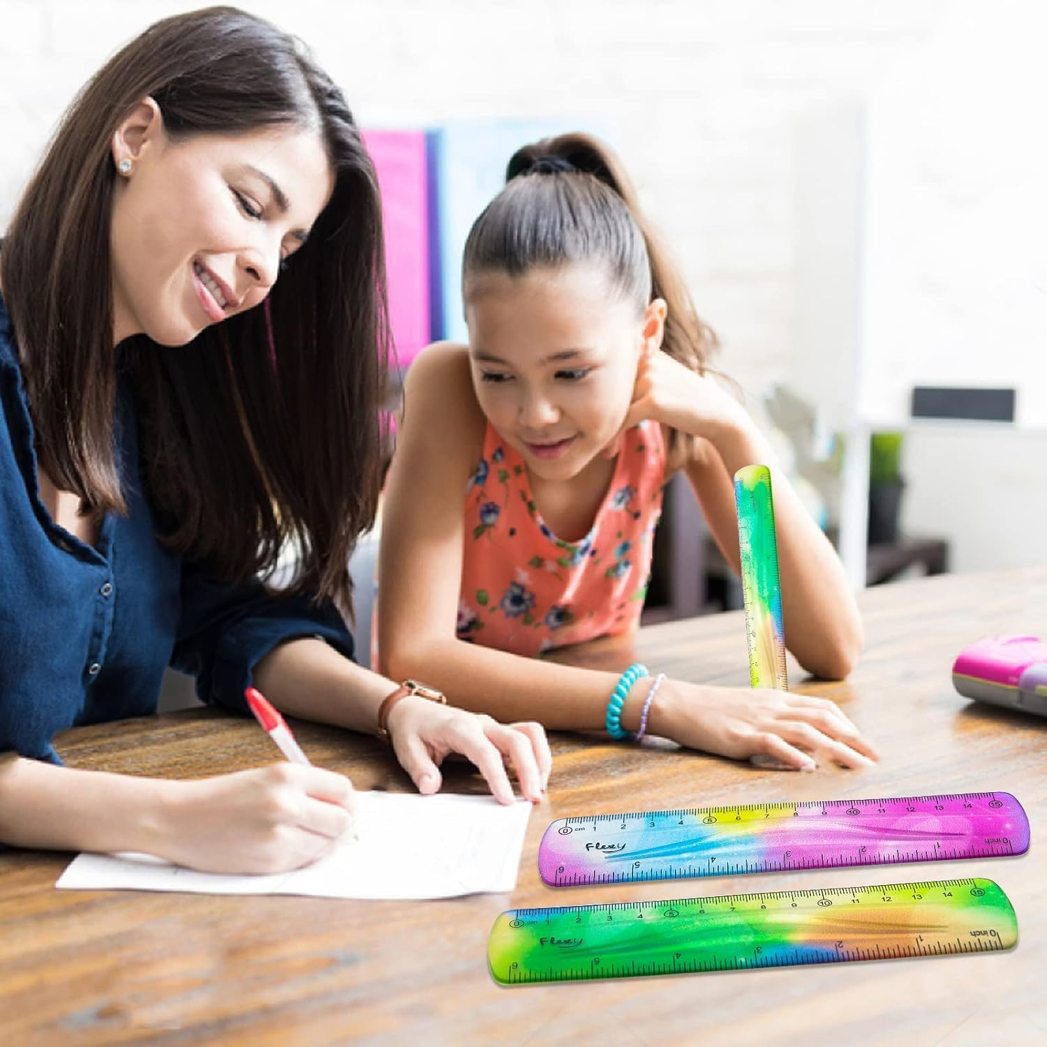 WADY 2 Pieces Flexible Ruler, Flexible Ruler Plastic Ruler Shatterproof Straight Edge Ruler 15/30Cm Soft Bendable Ruler for School Classroom Office Kids & Adults (Colorful, 6Inch+12Inch) image number 1