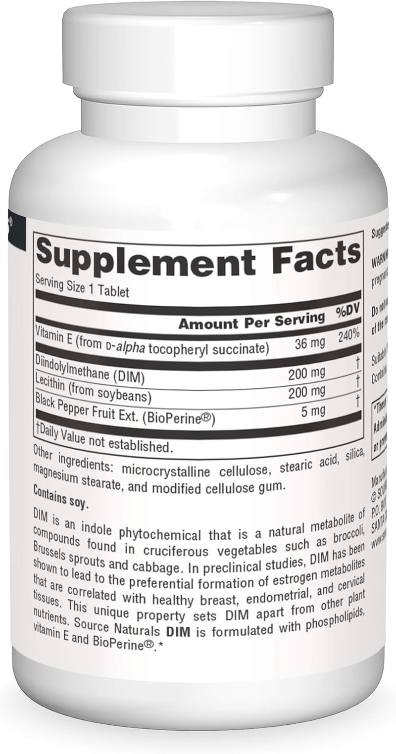 Source Naturals DIM (Diindolylmethane) 200Mg - Supports Hormone Balance & Estrogen Metabolism Supplement - Menopause Symptom Relief - Bioperine for Maximum Absorption - Vitamin E & More - 30 Tablets