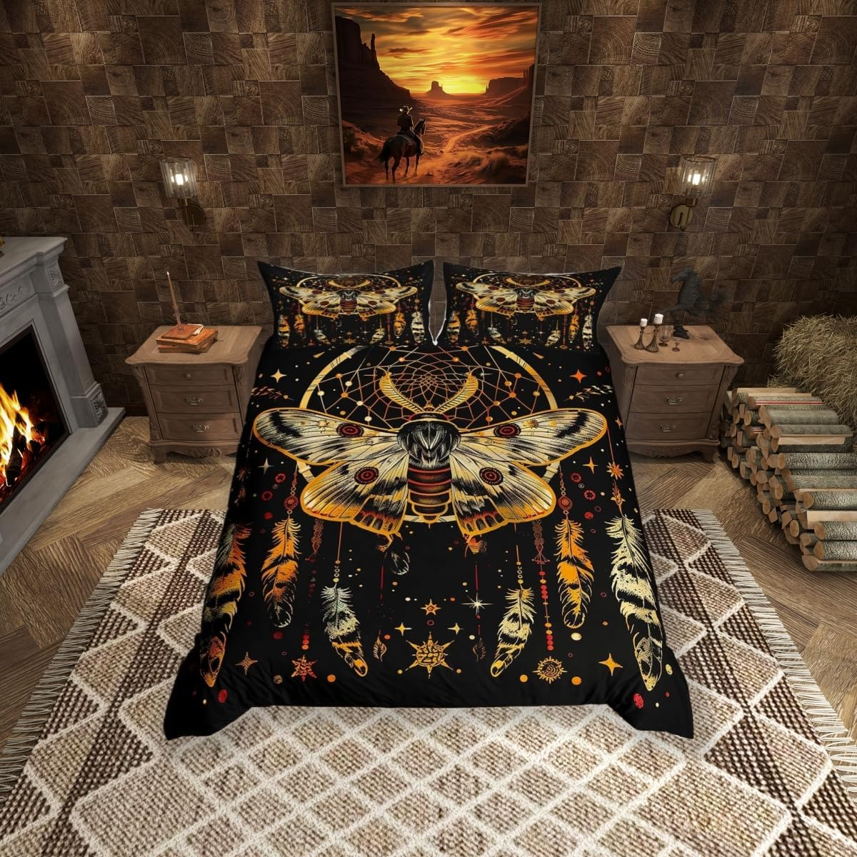 Death Psychedelic Moth Duvet Cover Single Size,Star Moon Comforter Cover for Adults Kids Bedroom Decor,Dream Catcher Feathers Exotic Charm Decorative Bedding Set(No Comforter),1 Pillowcase