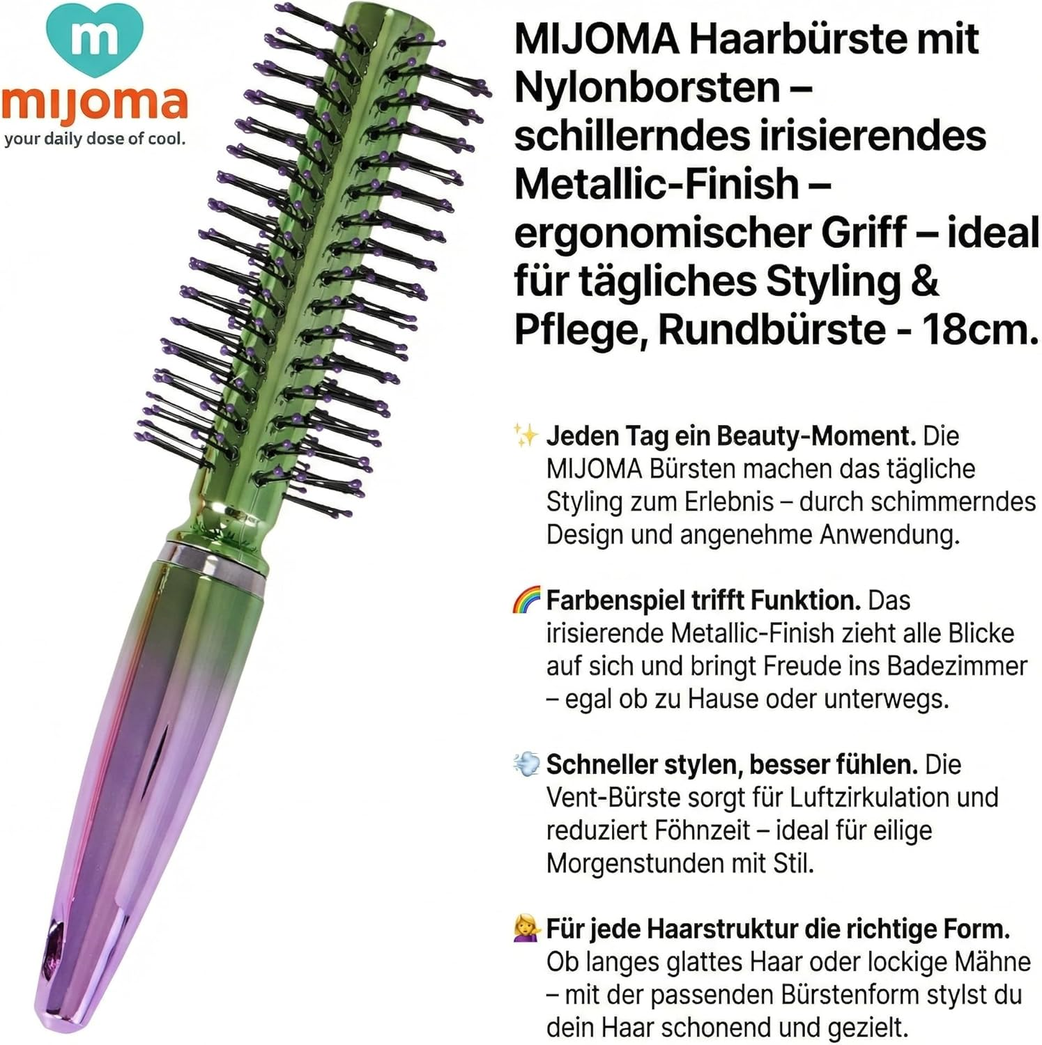 MIJOMA Nylon Bristle Hair Brush - Iridescent Metallic Finish - Ergonomic Handle - Ideal for Daily Styling & Grooming (Round Brush - 18Cm) image number 5