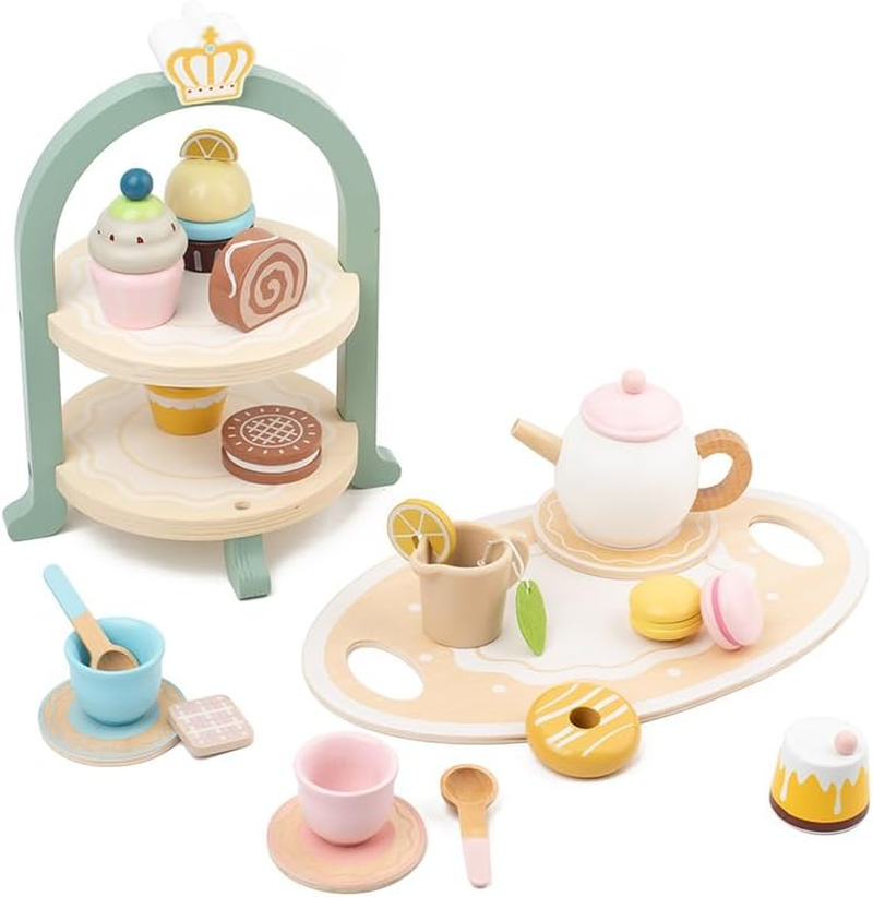 Wooden Tea Party Set for Toddlers 2 3 4 5 6, 24PCS Pretend Play Dessert Set with Cupcake Tower, Teapot, Cups, and Sweets, Montessori Toys Tea Set for Girls Birthday Gift, Kids Tea Party Set