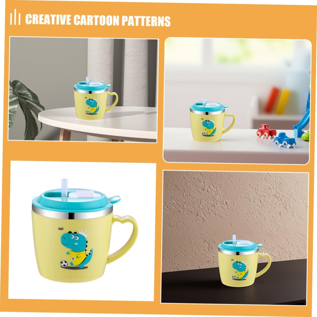 BESTOYARD Stainless Steel Cup for Boys and Girls 250Ml Non-Spill Cup with Anti-Scald Design Measurement Scale for Baby - Yellow image number 2