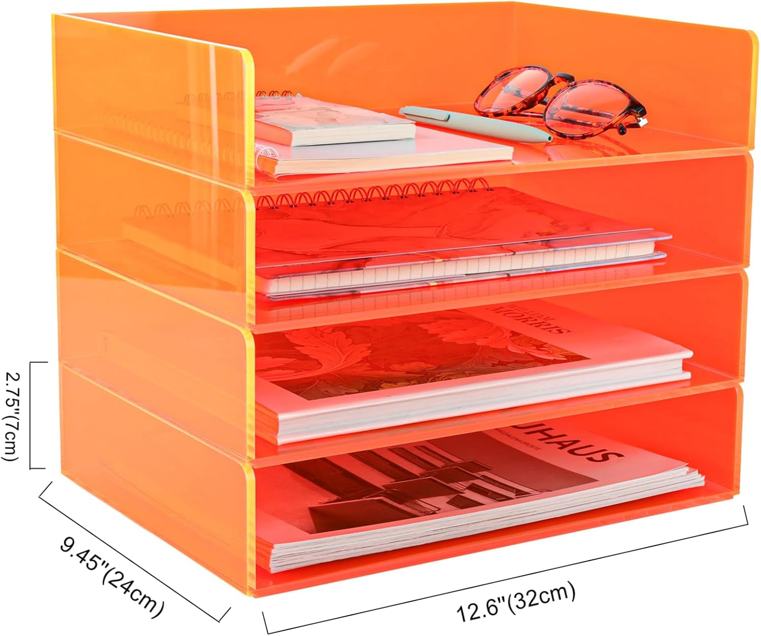 Gelite Acrylic File Organizer for Desk 4 Tiered Stackable Letter Tray Office Paper Storage Desktop Document Sorter, Neon Orange - Neon Green image number 2