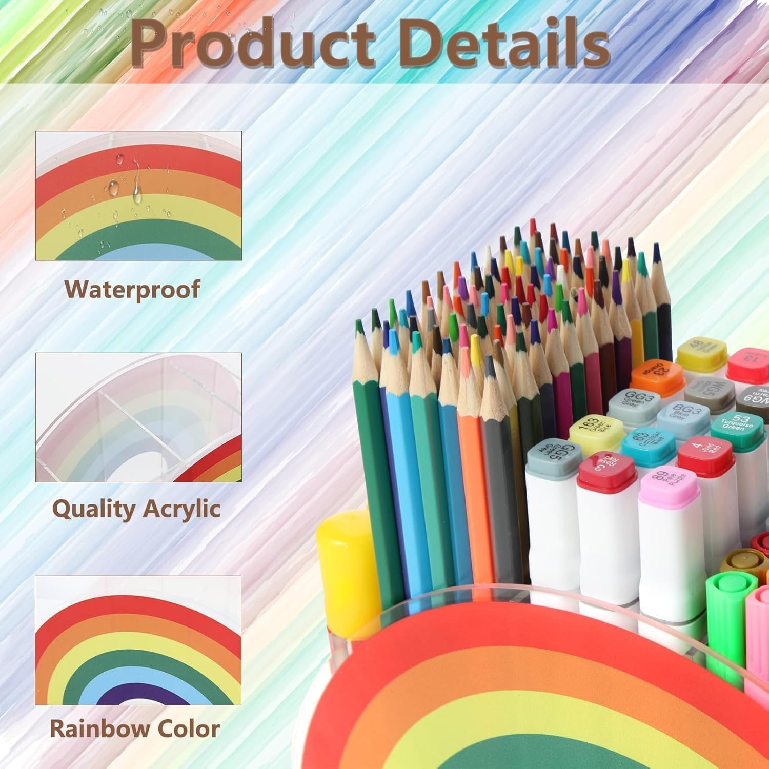Rainbow Acrylic Pen Pencil Holder Desk Organizer, Modern Corner Desktop Stationery Organizer for Women Kids Students School Art Supplies image number 2