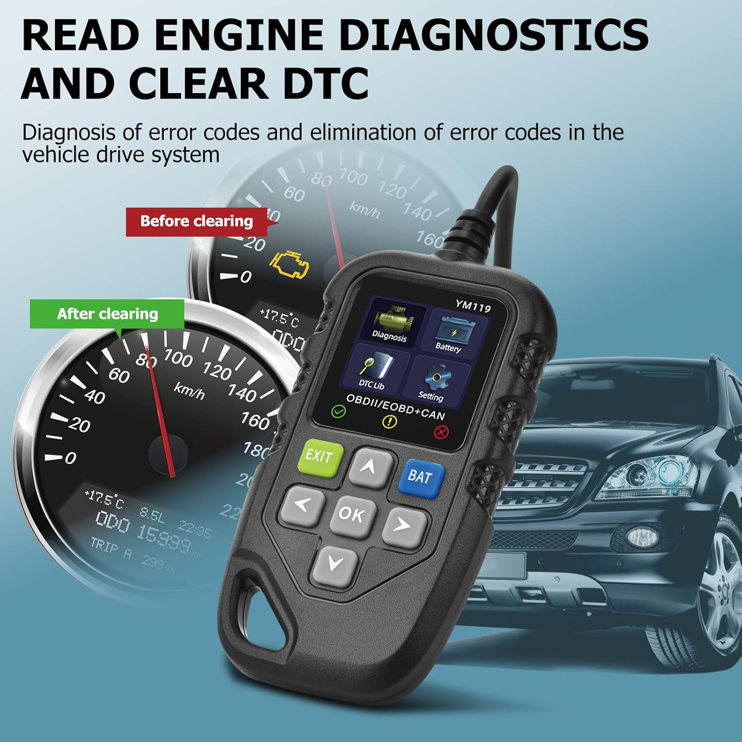 Amtake OBD2 Scanner, Car Diagnostic Tool Full OBD2 Functions, Code Reader, I/M Readiness, Battery Life Assessment, Check Engine Light, 13 Languages Automotive Diagnostic Tool for Cars after 1996