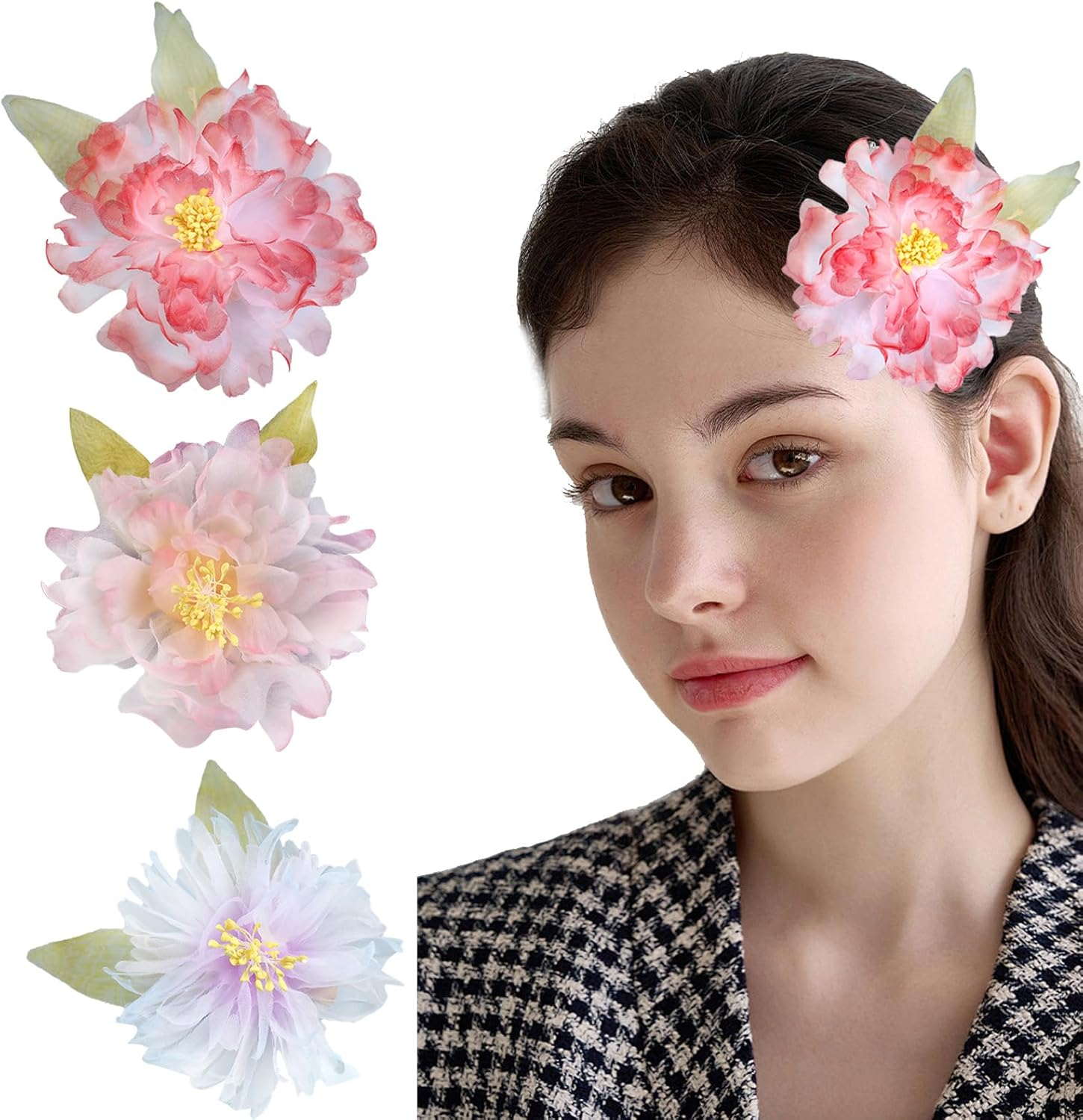 BSITSSS 3 PCS Flower Hair Clips, Fairy Flower Hair Pins, Hairpin Hair Accessories for Women Girls Summer Hawaiian Beach Wedding Bridal Shower Party image number 1