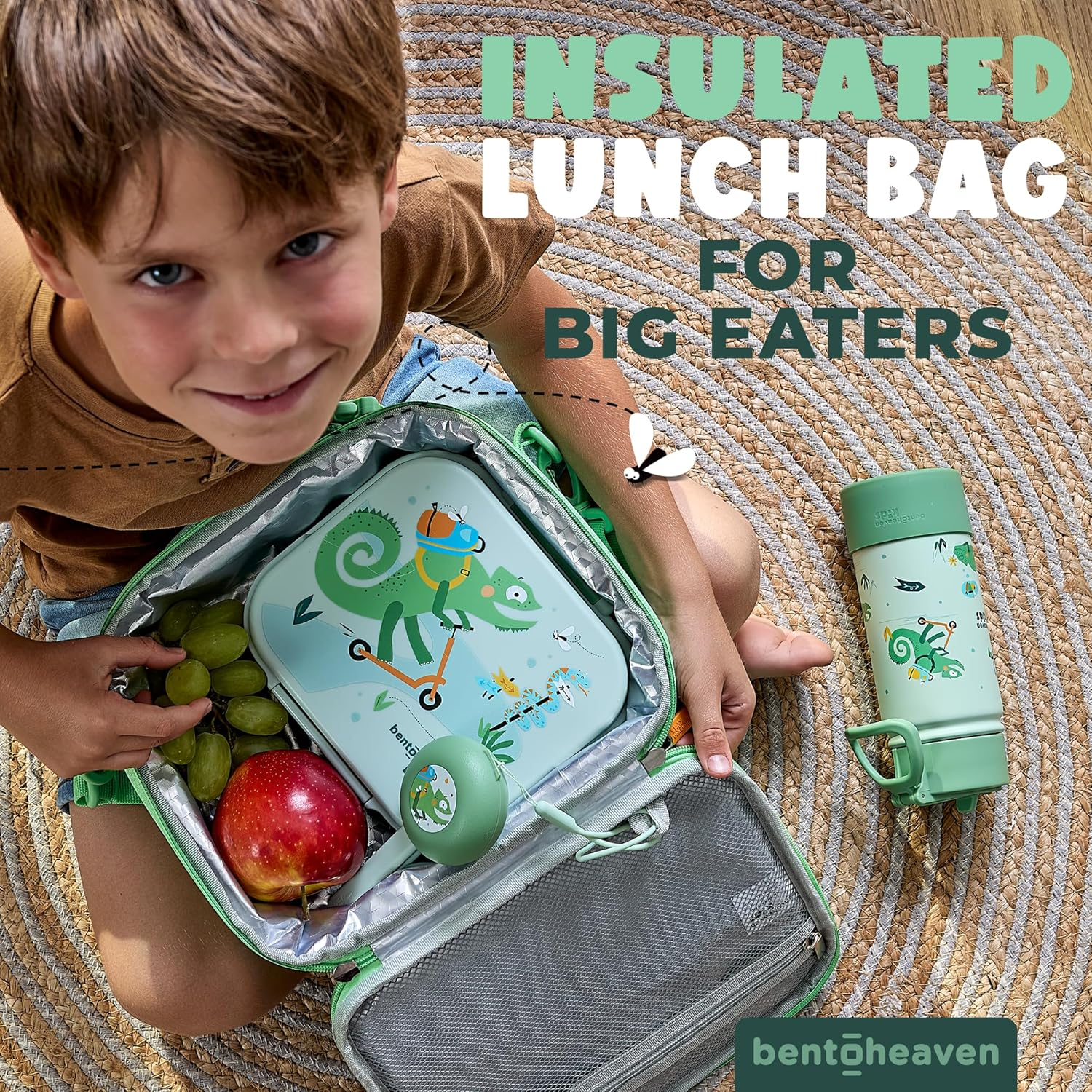 Bentoheaven Insulated Lunch Bag for Kids, Girls & Boys - Large Size Fits Bento Lunch Box, Water Bottle & Snacks - Durable, Easy to Clean, Leakproof - Adjustable Shoulder Strap, Zipper Pockets (Green) - Green image number 6