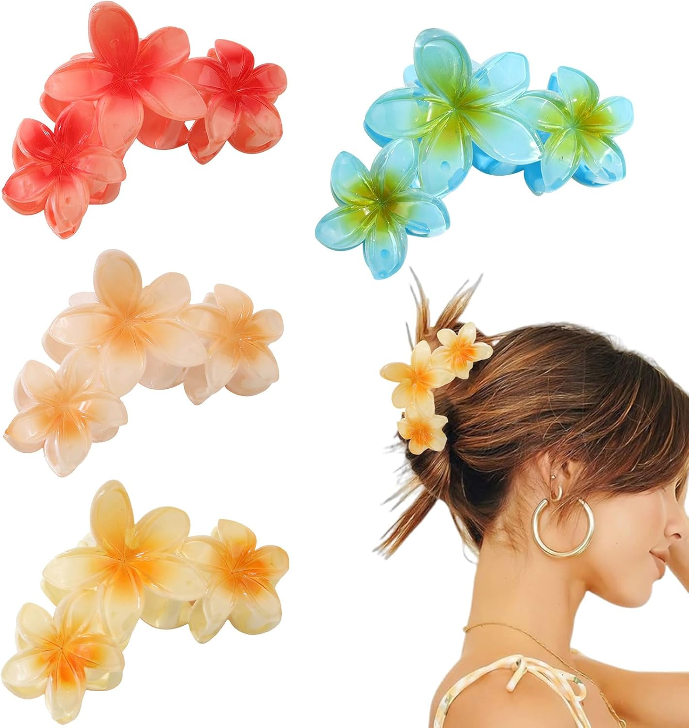 Niaciswe Hawaiian Flower Claw Clips, Pack of 4 Flower Hair Clips, Flower Hair Clips, Large Claw Clips for Thick Hair, Flowers Hair Clip, Large for Washing Face image number 1