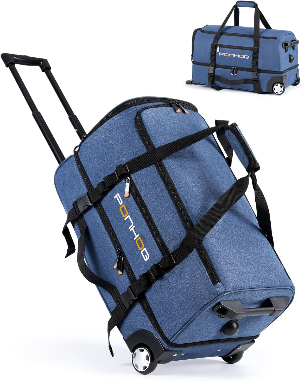 Rolling Duffle Bag with Wheels, Large Travel Duffel Bag with Shoe Compartment, Water Resistant Rolling Wheeled Luggage for Men Women Weekender Overnight Trip, Green, 21 Inch