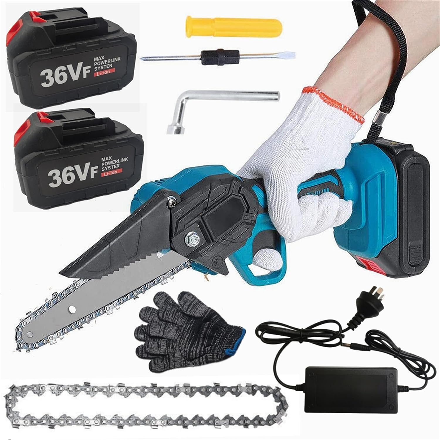 6" Mini Chainsaw Cordless Electric Pruning Shears One-Handed Portable Chain Saw with 2 Battery 2 Chains Safety Lock Gloves Brushless Motor for Branch Wood Cutting Garden Tree Logging Trimming Blue image number 4
