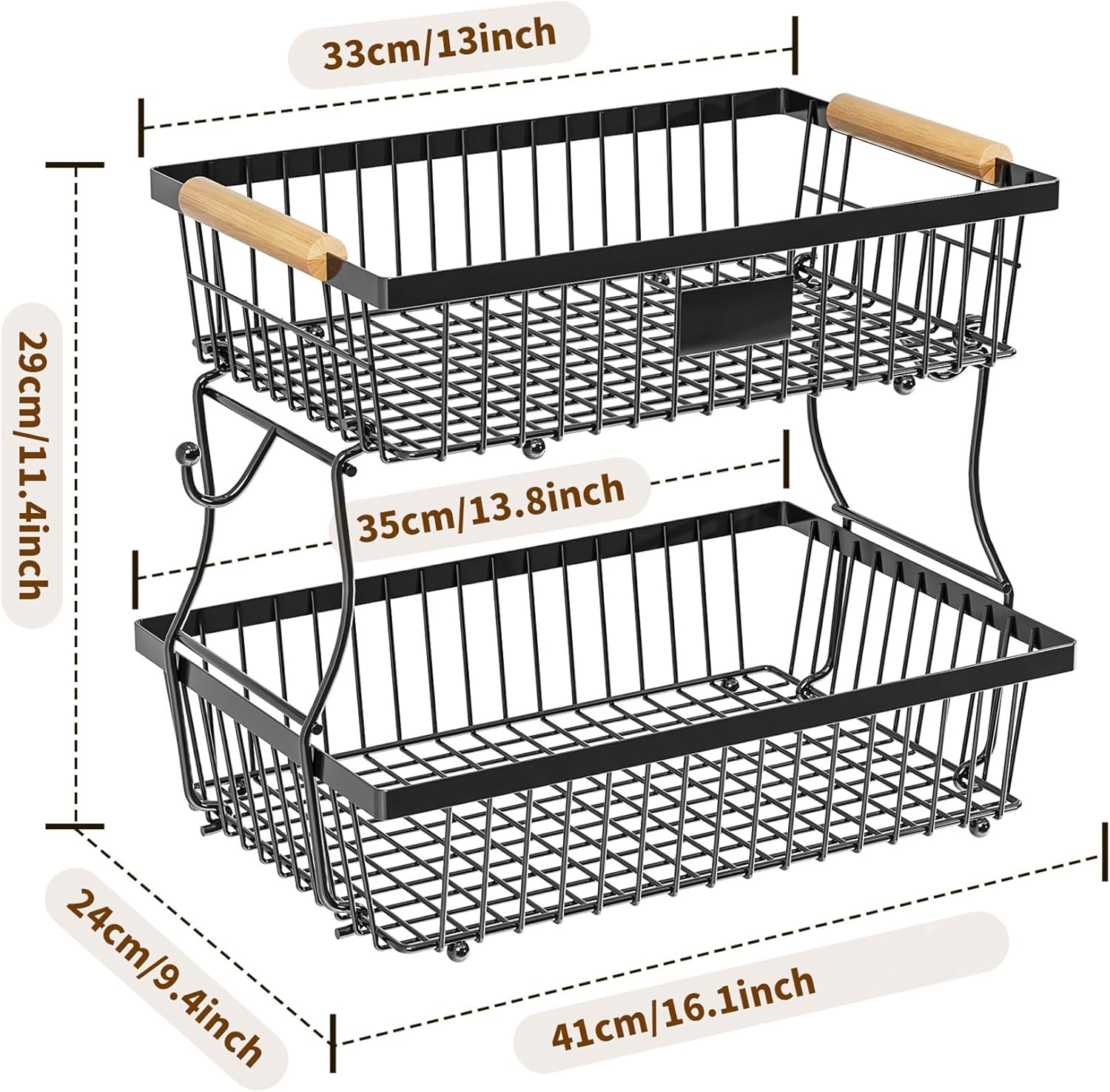 2-Tier Fruit Basket, Detachable Vegetable Basket Bowl with 2 Banana Hangers, Kitchen Countertop Fruit Stand Holder, Metal Wire Storage Organizer for Bread Snack Veggies Produce, Black 41*24*29Cm
