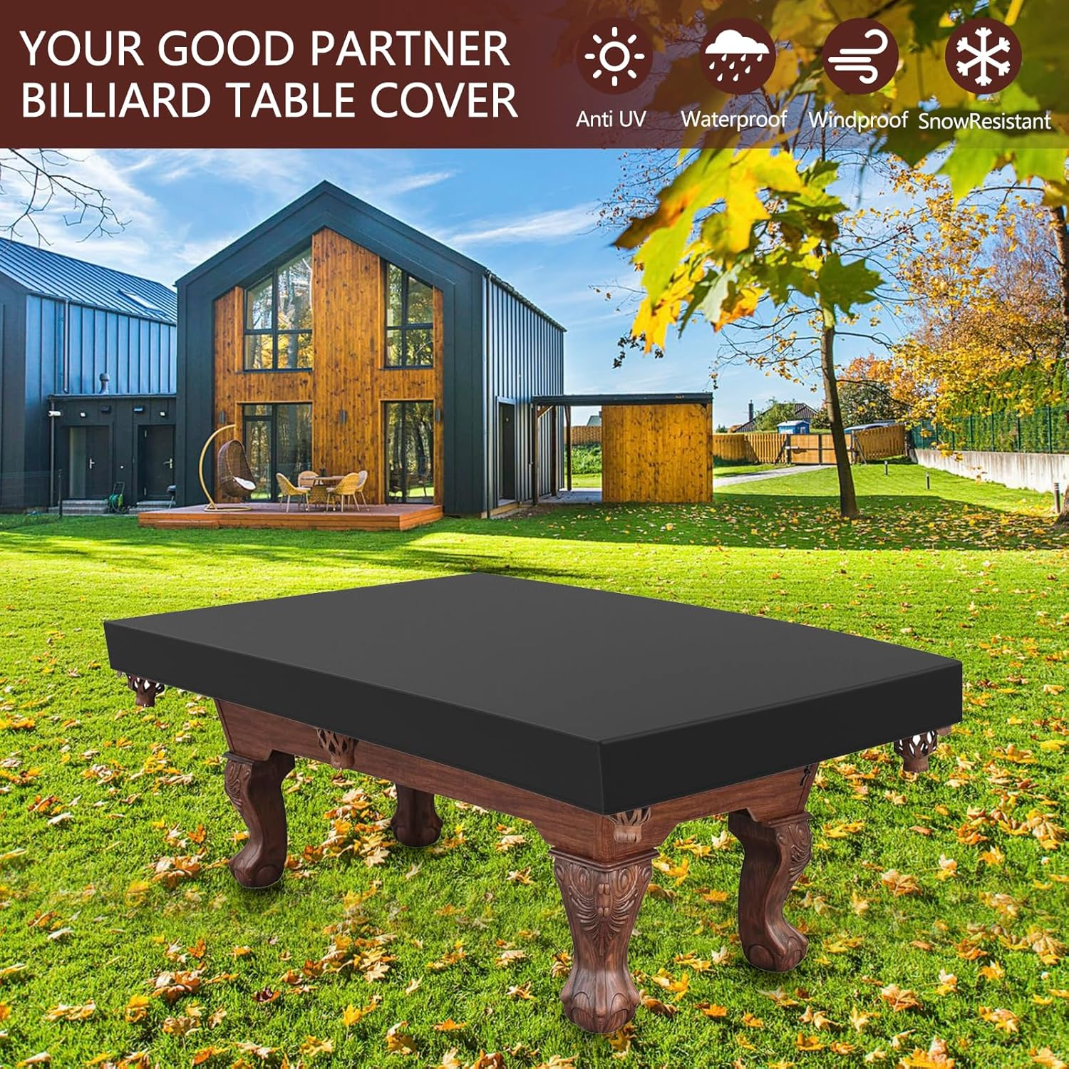 Pool Table Cover, 7FT /8FT Waterproof Billiard Table Cover, Heavy-Duty 210D Oxford Cloth Snooker Table Dust Cover Machine Washable Billiard Table Protector for Pool Table, Black (100X56X8 Inch) image number 5