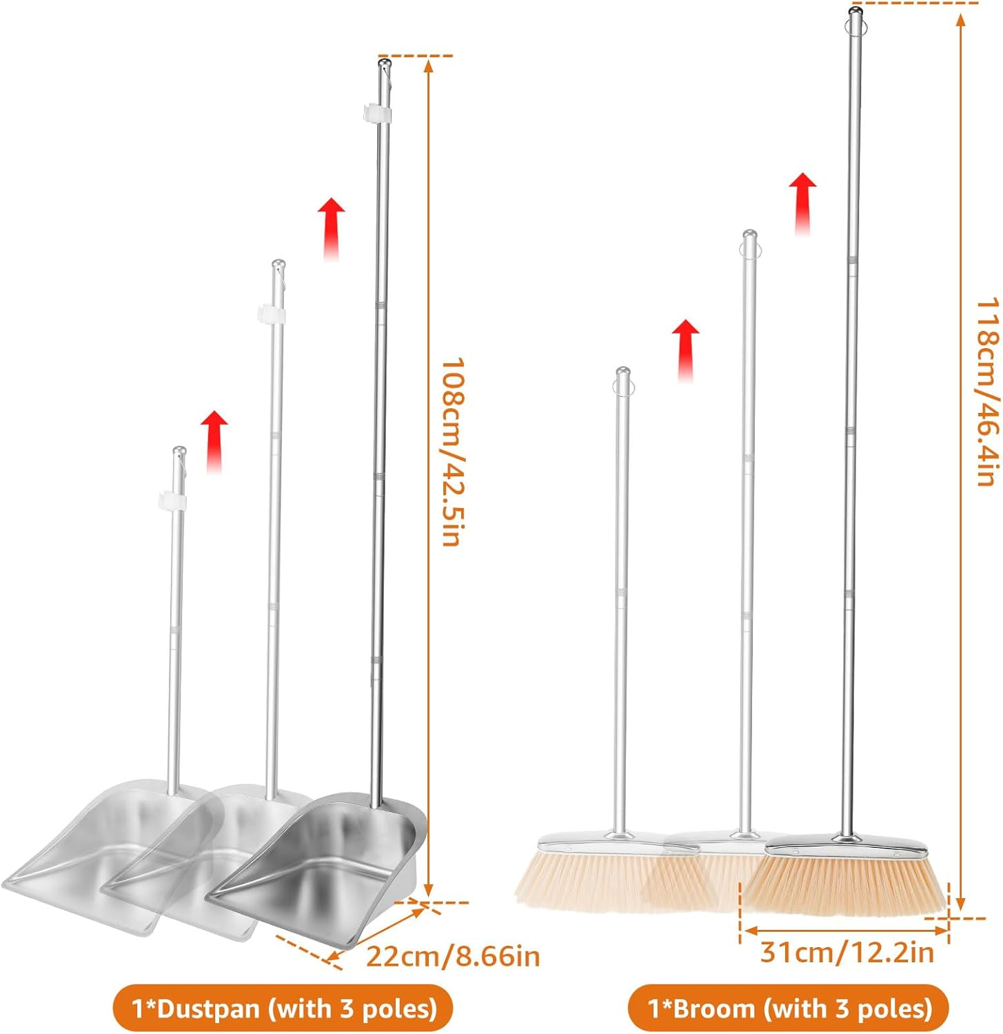 Broom and Dustpan Set Stainless Steel Upright Broom Dustpans with Long Handle Heavy Duty Dustpan Broom Combo Set Portable Sweeper and Dustpan Set for Home Office Dorm (Square)