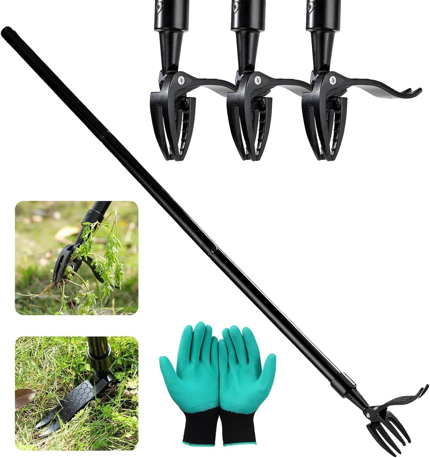 Weed Puller Tool Set, Stand-Up Weeder with 3 Steel Headl(4-Claw) with Stainless Handle Adjustable to 1.3M,Update Tighter Connectors,Remove Weeds without Bending,Pulling,Kneeling for Lawn and Garden image number 2