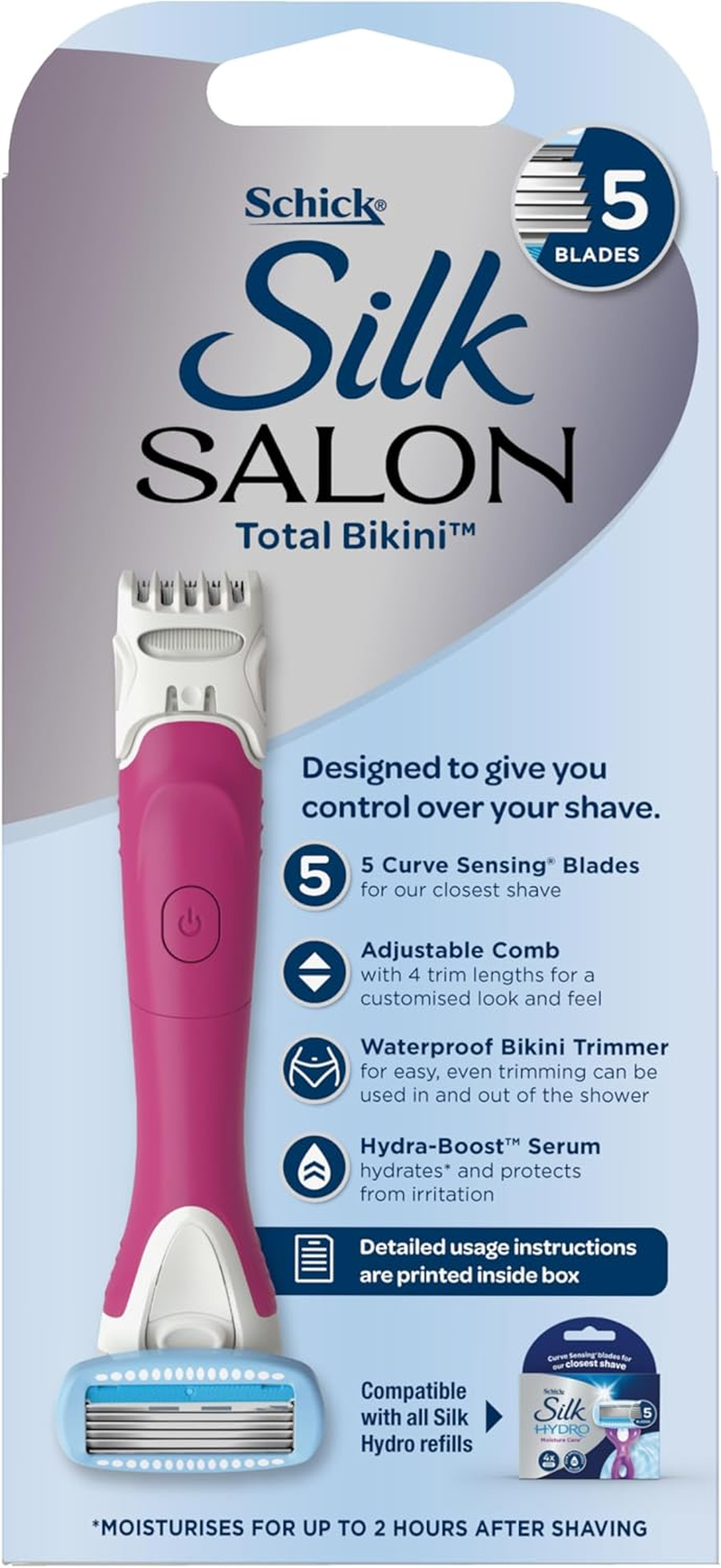 Schick -Silk Salon | Total Bikini | Razor Handle and Bikini Hair Trimmer + 1 | 2 Pack | Shapes Bikini Line | Shaves Bikini Line | Trims Bikini Hair | Moisturises | Battery image number 1