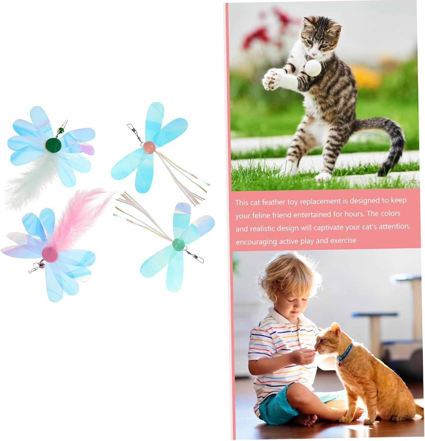 4Pcs Cat Toys Interactive Feather Teaser Refills - Butterfly & Dragonfly Plume Attachments for Indoor Cats, Durable Kitten Exercise Toys for Endless Fun, Swaying Motion Stimulation