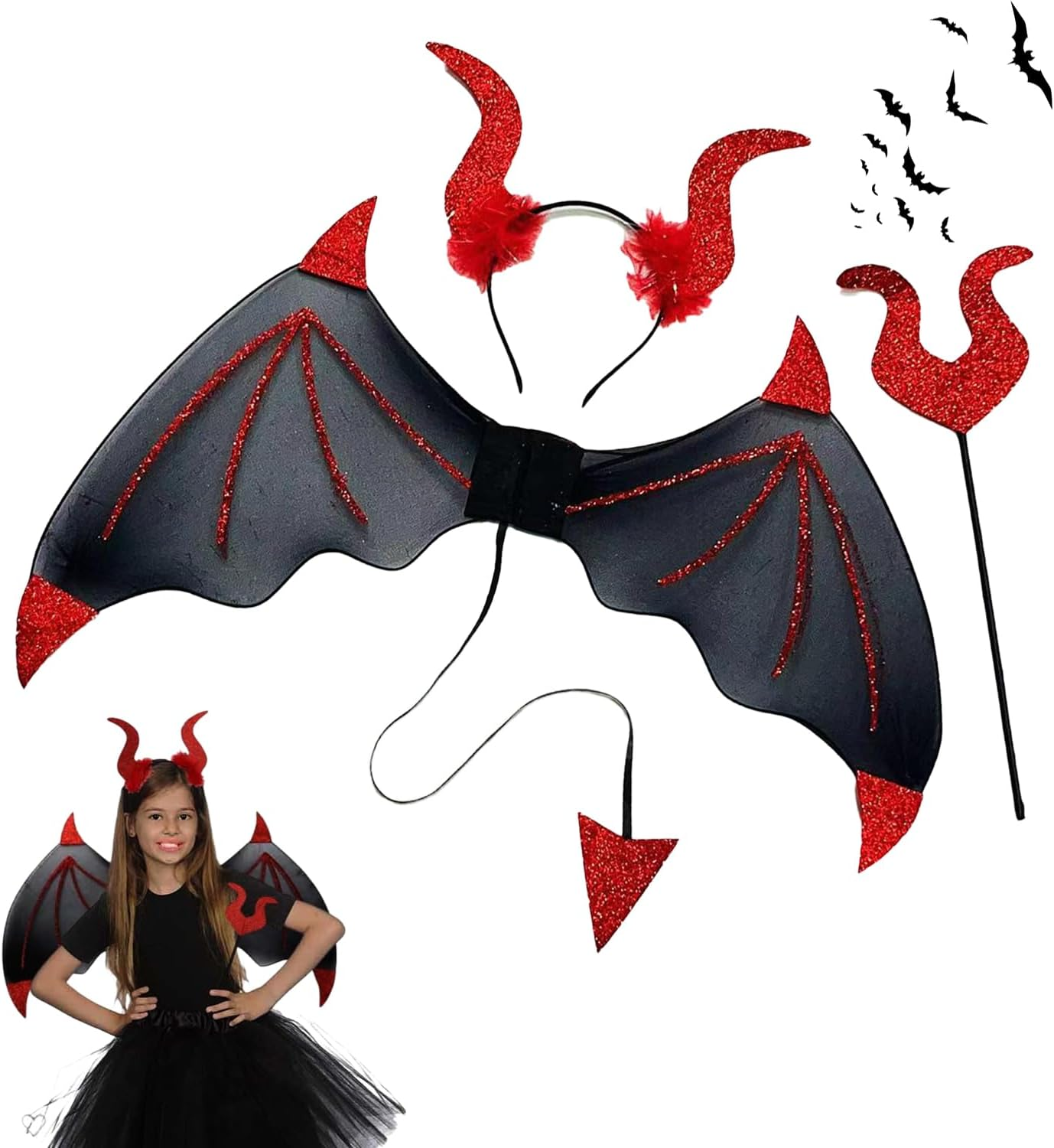 GIOD Halloween Devil Wings Costumes, Devil Wings and Headband, Role Playing the Dark Angel with a Corner Belt and the Devil Fork, Suitable for Halloween, Party, Stage Performance image number 5